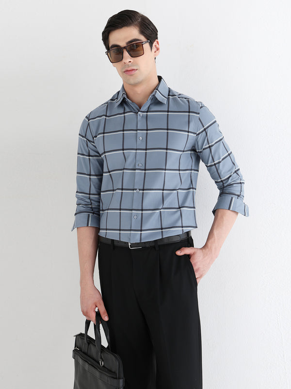 Window Check Formal Shirt In Dusty Blue-Slim Fit