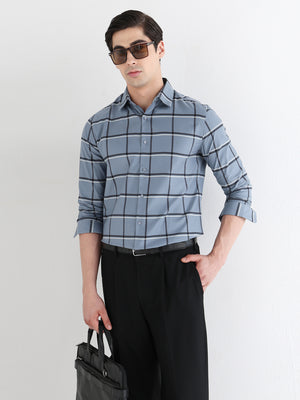 Window Check Formal Shirt In Dusty Blue-Slim Fit