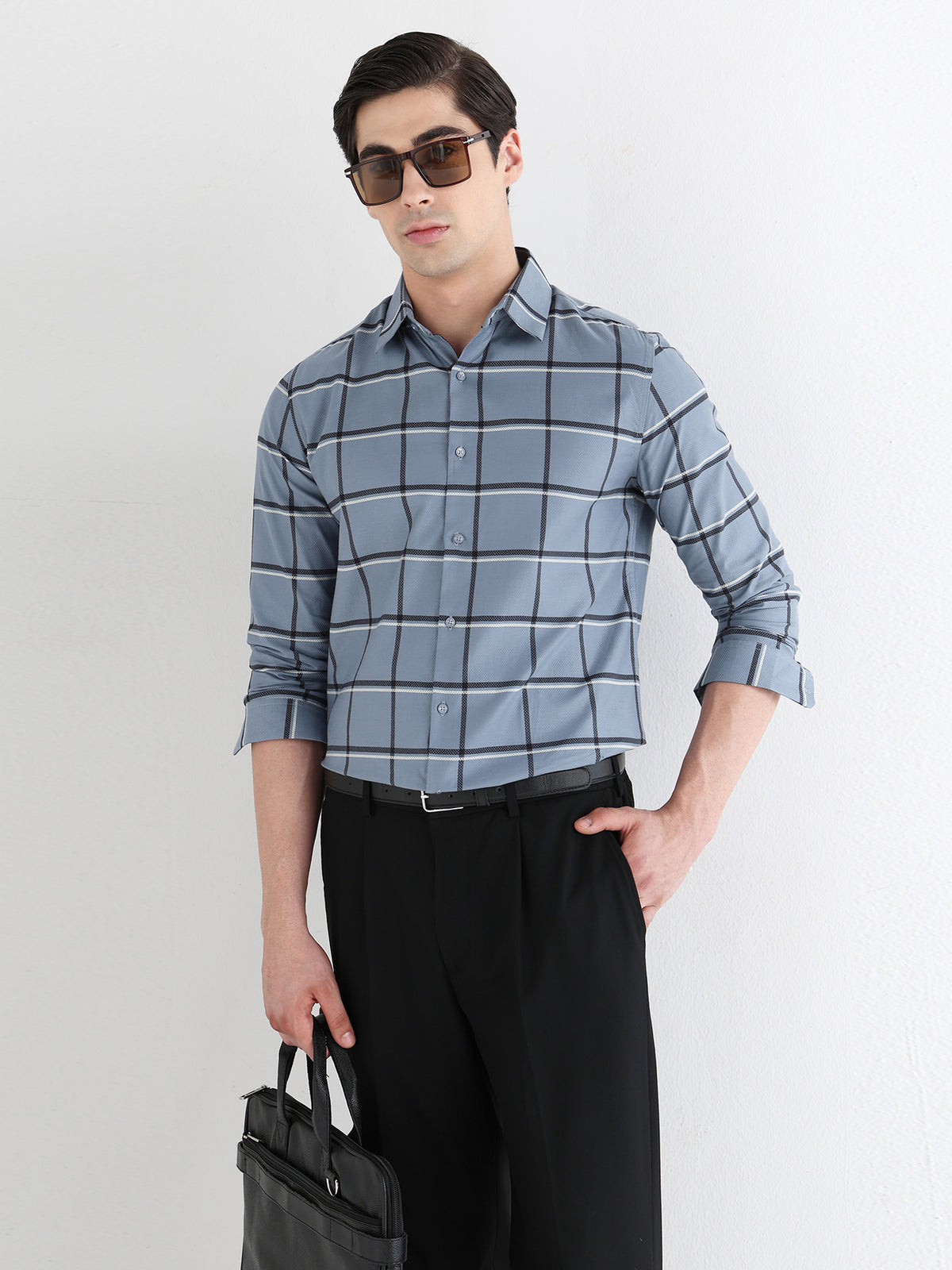 Window Check Formal Shirt In Dusty Blue-Slim Fit