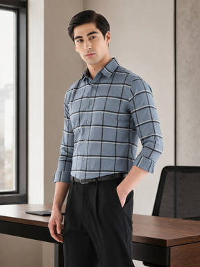 Window Check Formal Shirt In Dusty Blue-Slim Fit