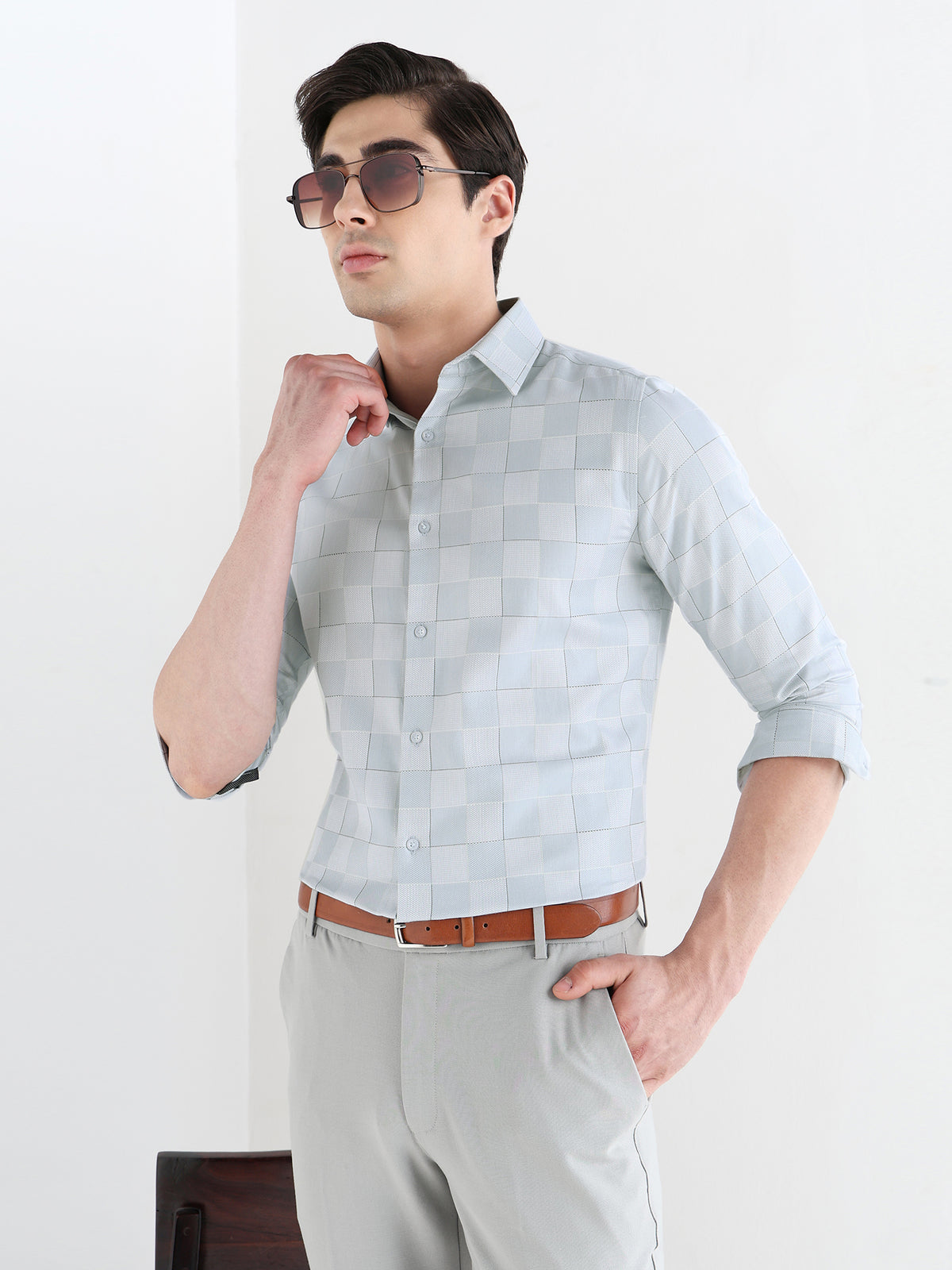 Fusion Check Formal Shirt In Pastel Blue-Slim Fit