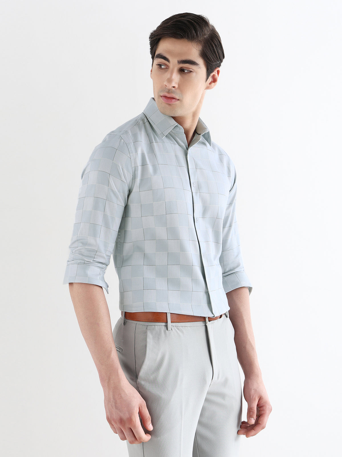 Fusion Check Formal Shirt In Pastel Blue-Slim Fit