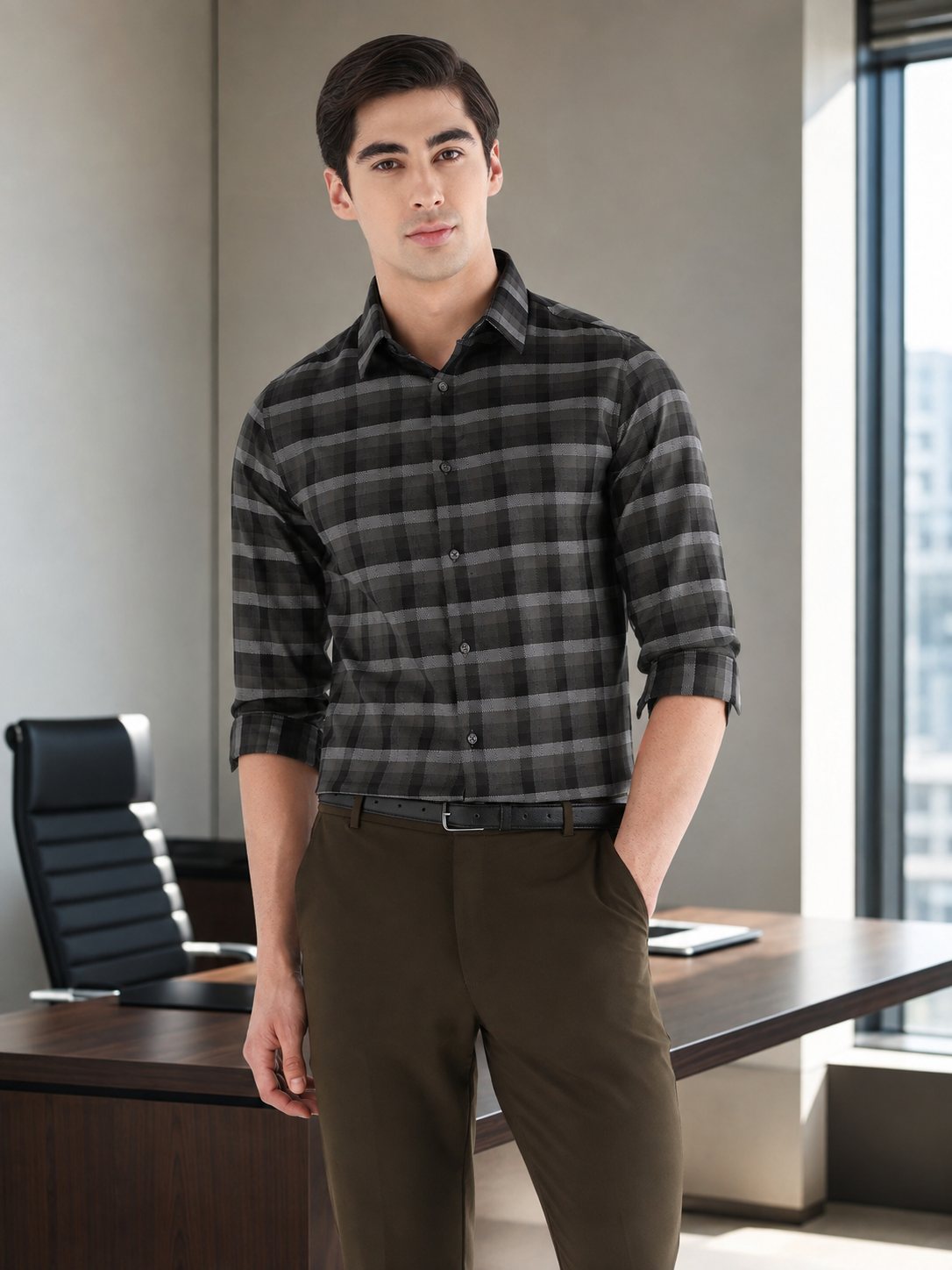 Classic Check Formal Shirt In Army Green-Slim Fit
