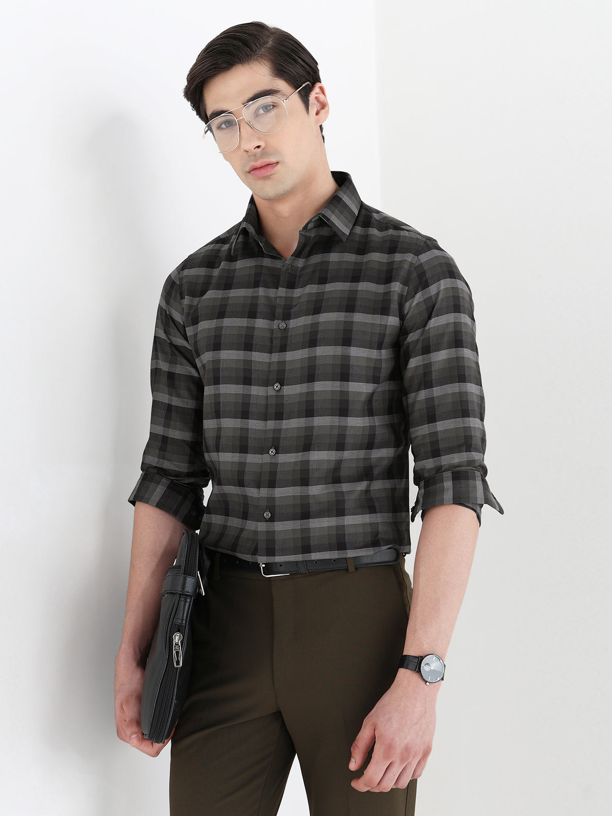 Classic Check Formal Shirt In Army Green-Slim Fit