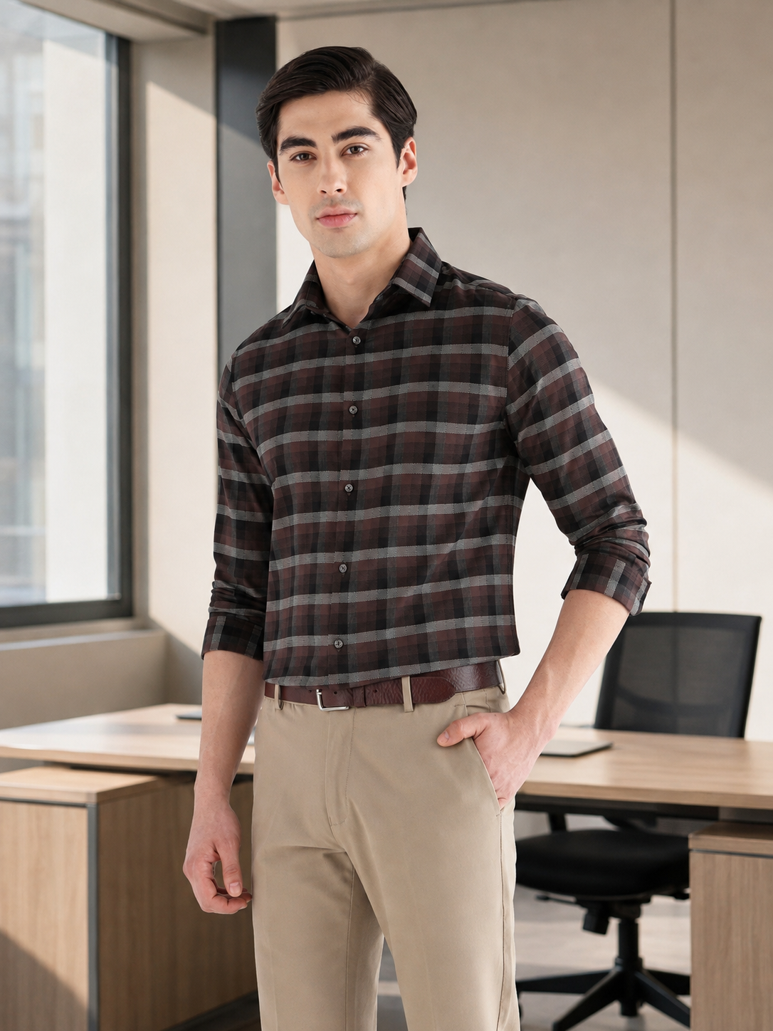 Classic Check Formal Shirt In Brown-Slim Fit
