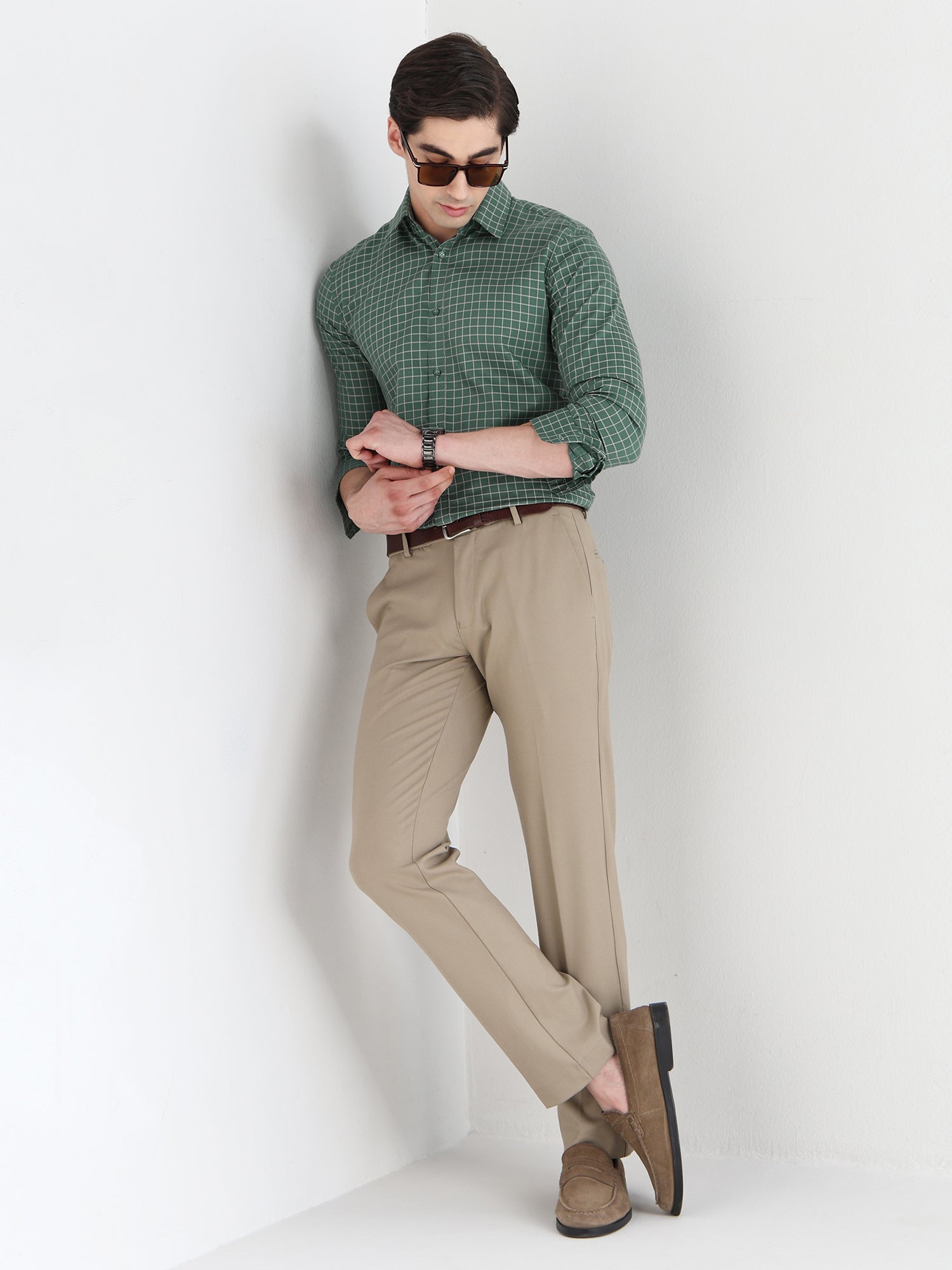 Grid Check Formal Shirt In Dark Forestgreen-Comfort Fit