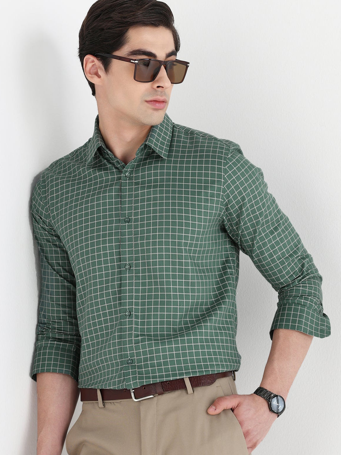 Grid Check Formal Shirt In Dark Forestgreen-Comfort Fit
