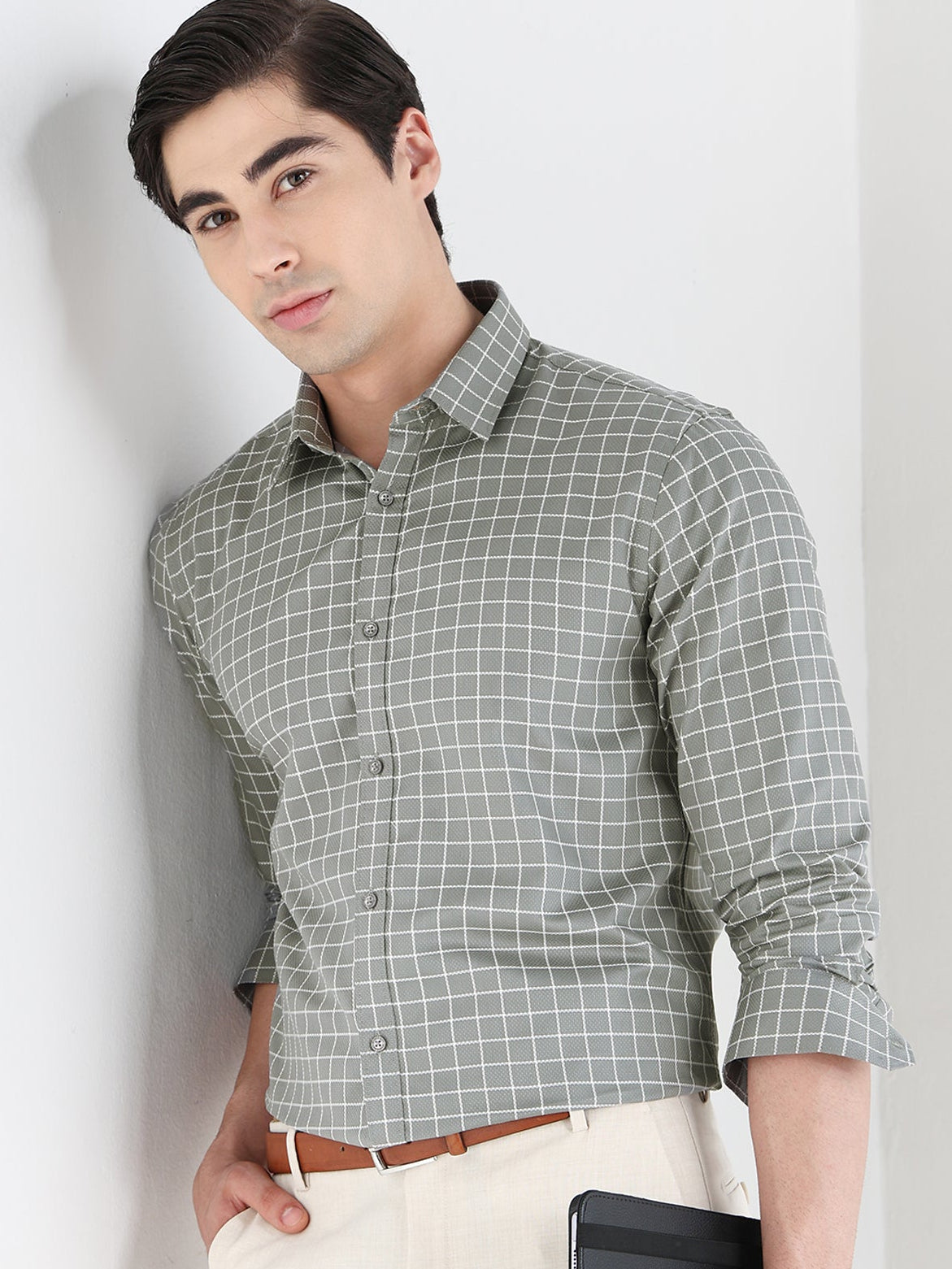 Grid Check Formal Shirt In Grey-Comfort Fit