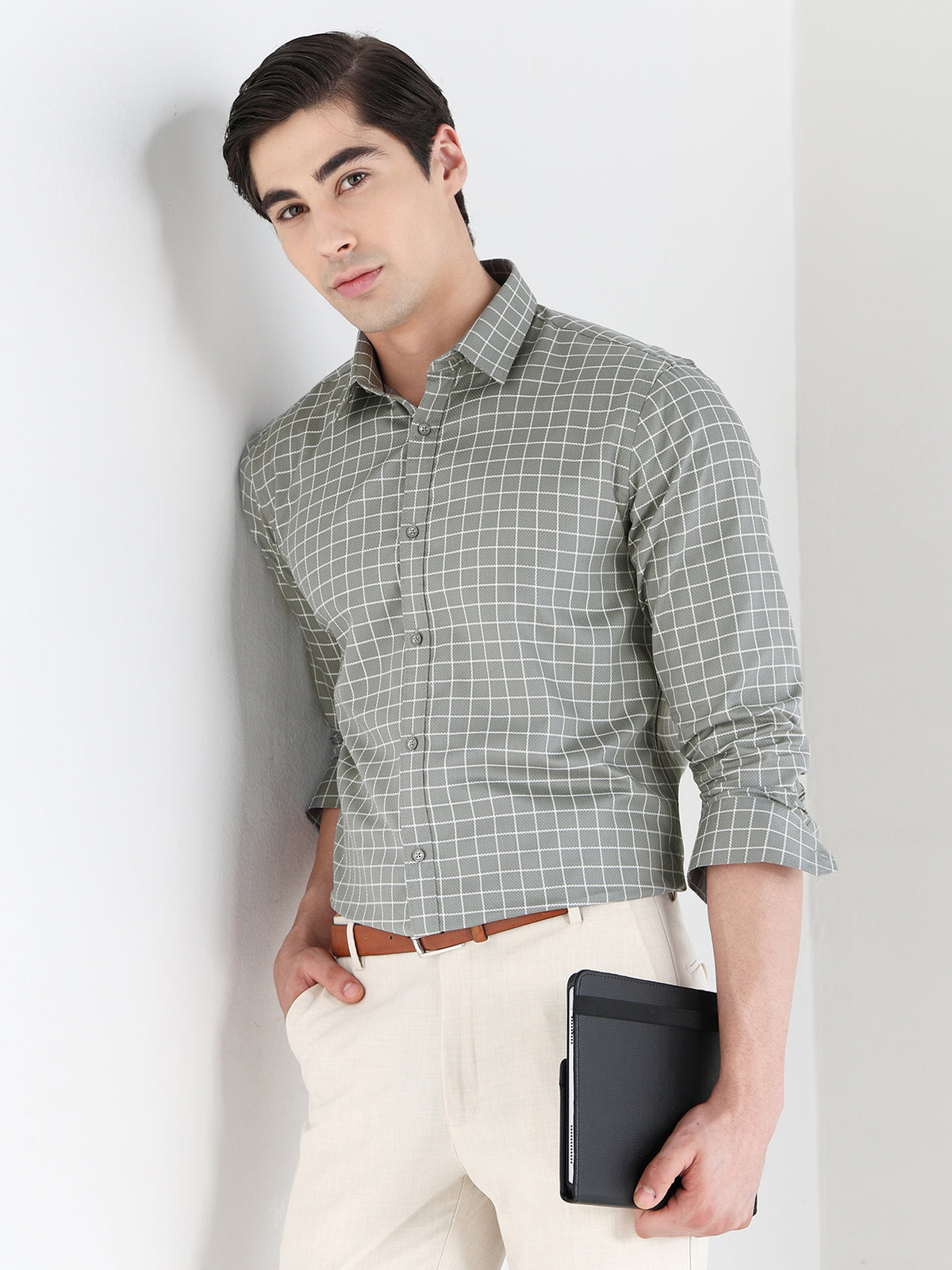 Grid Check Formal Shirt In Grey-Comfort Fit