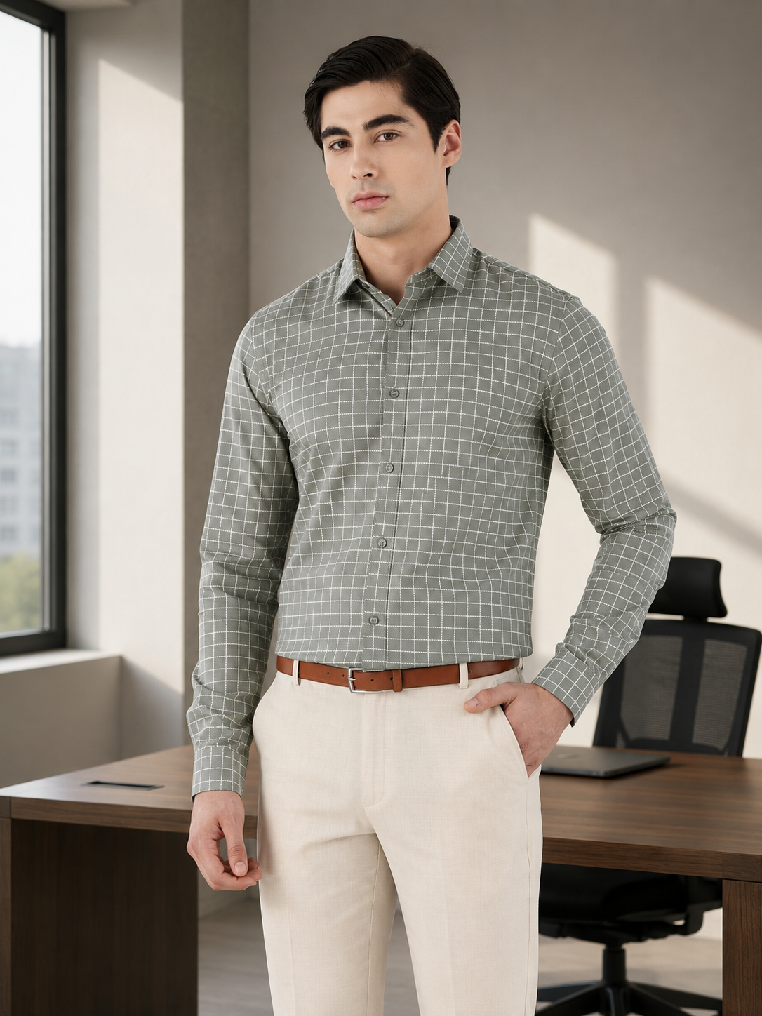 Grid Check Formal Shirt In Grey-Comfort Fit