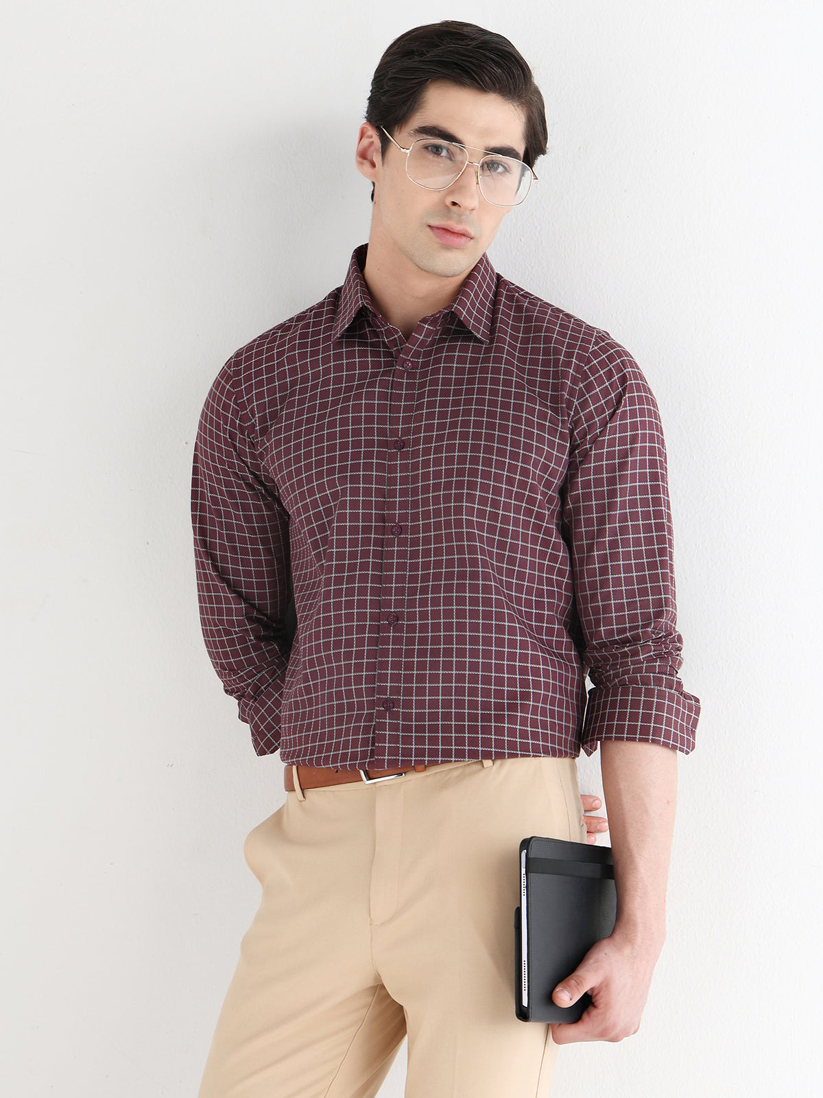 Grid Check Formal Shirt In Maroon-Comfort Fit