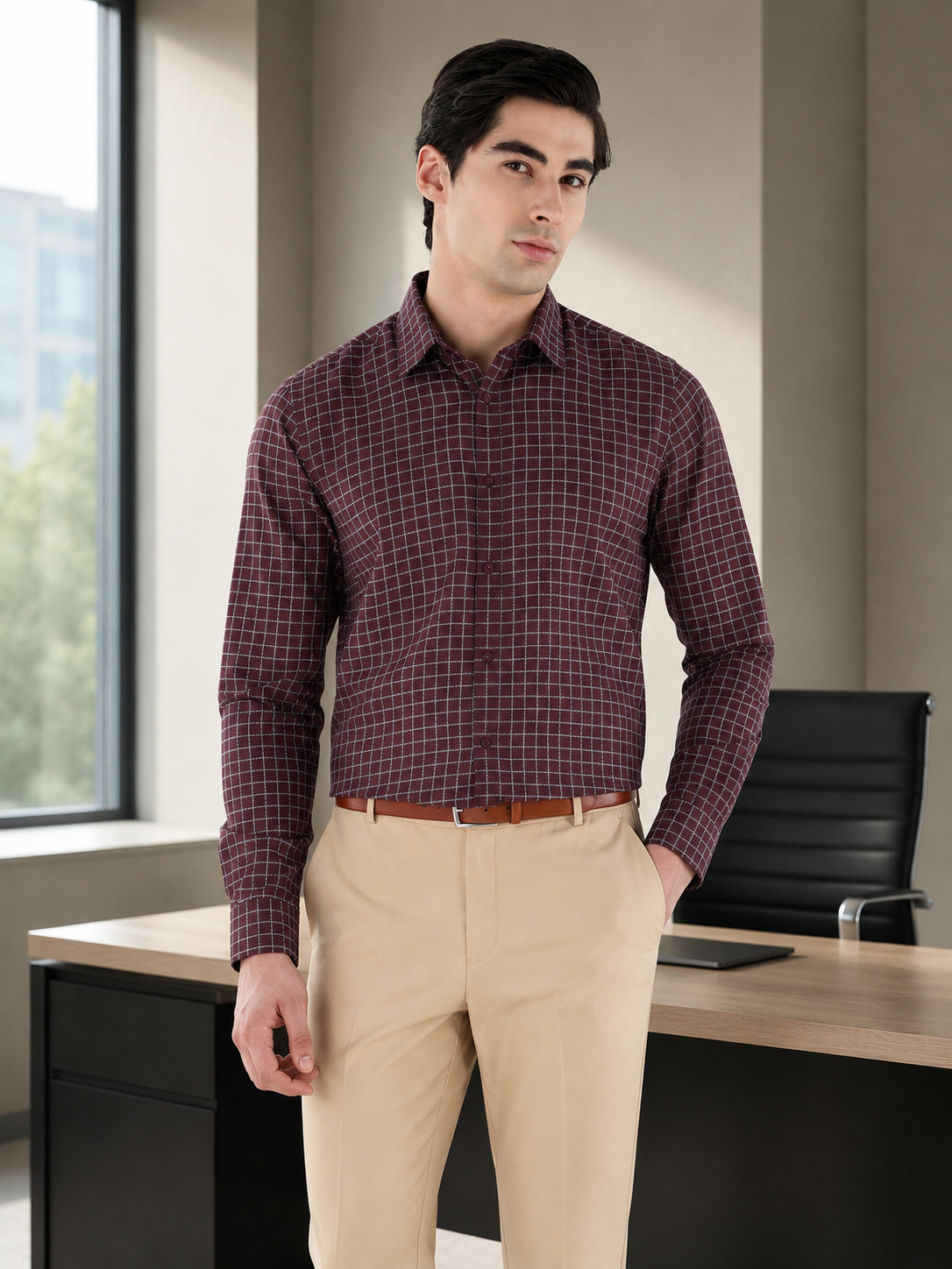 Grid Check Formal Shirt In Maroon-Comfort Fit