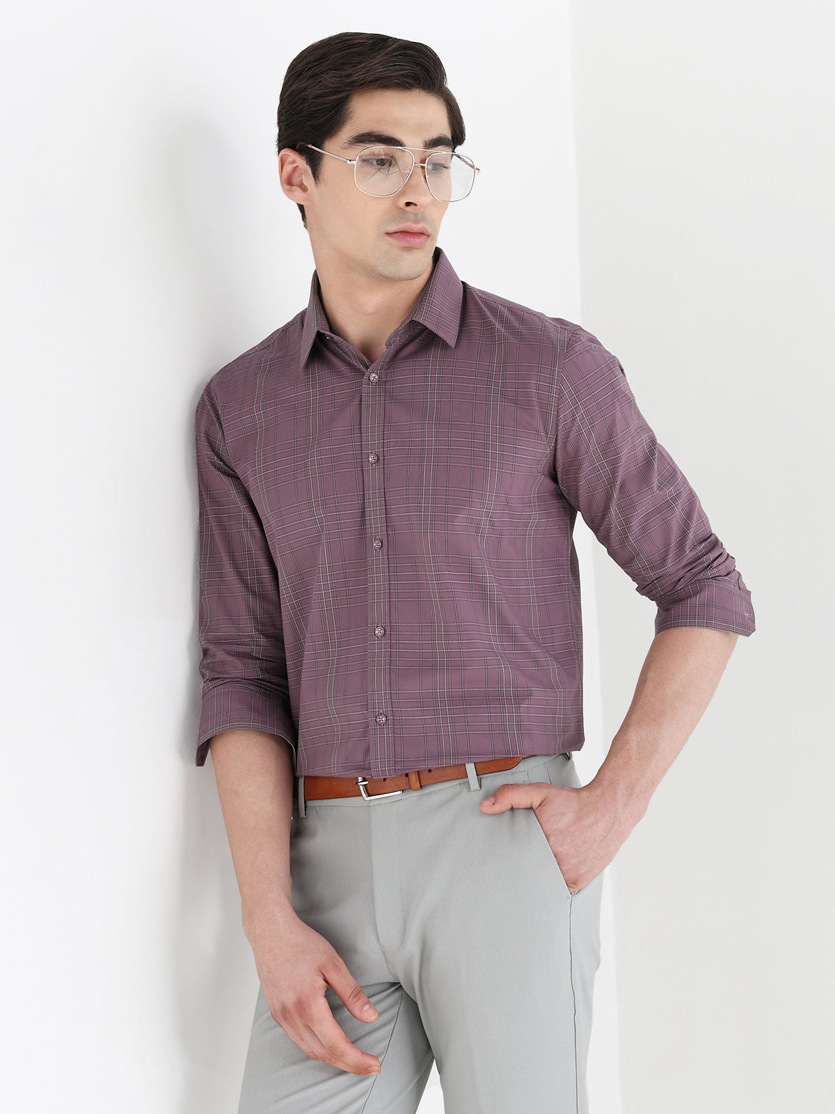 Heritage Check Formal Shirt In Dark Mauve-Comfort Fit