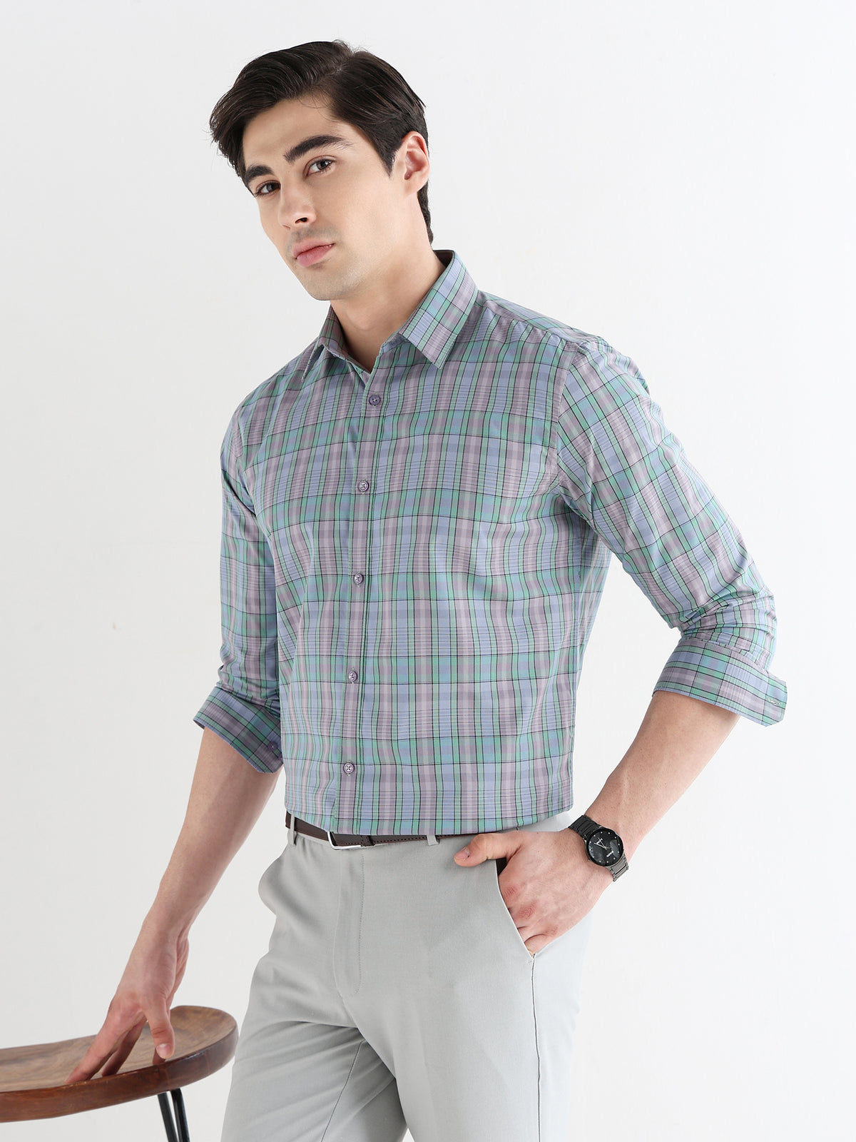 Heritage Check Formal Shirt In Greyblue-Comfort Fit