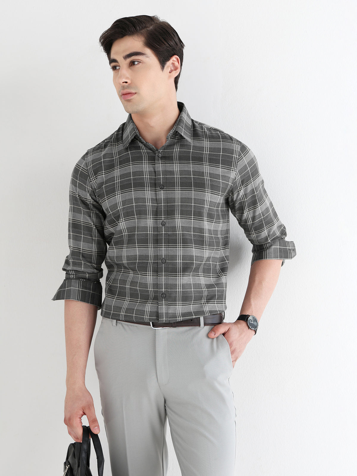 Classic Check Formal Shirt In Khaki Green-Comfort Fit
