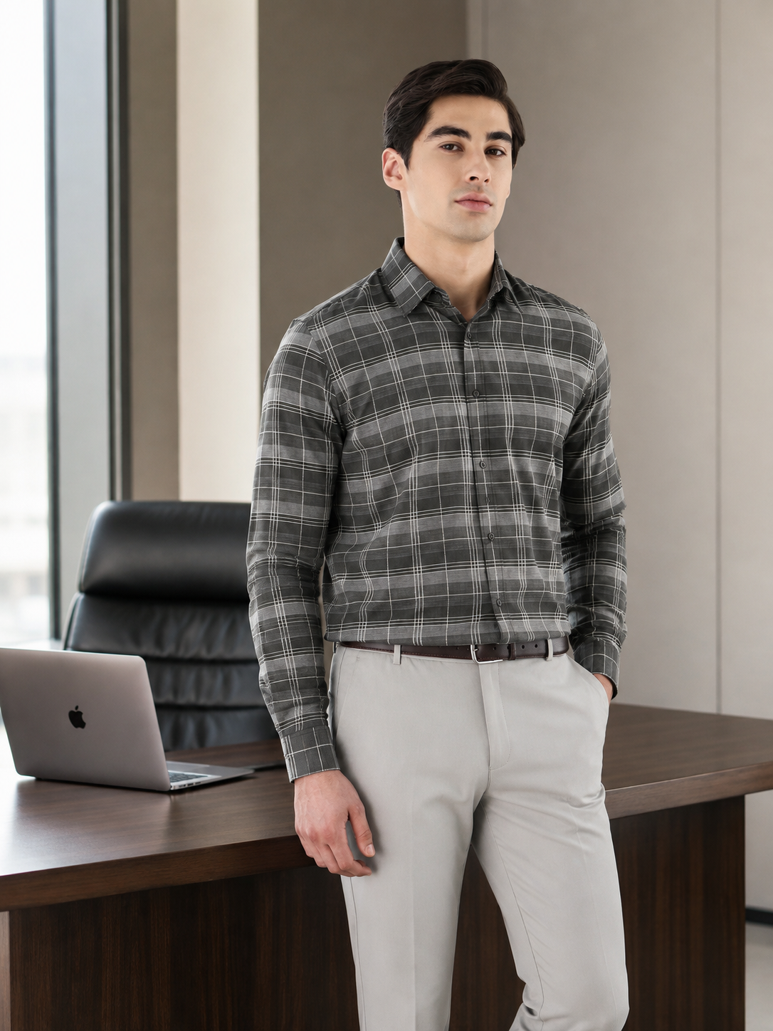 Classic Check Formal Shirt In Khaki Green-Comfort Fit