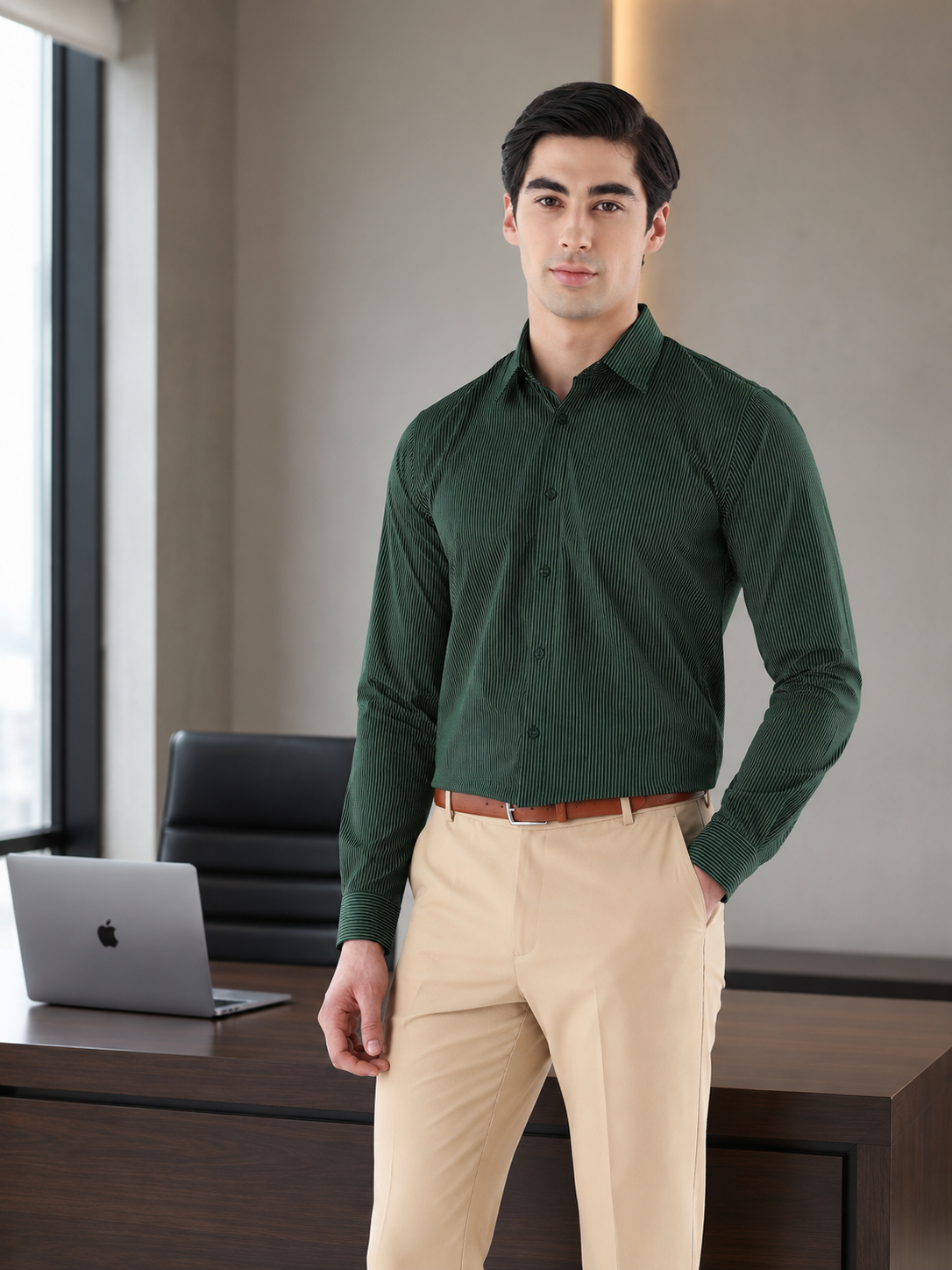 Pin Stripe Formal Shirt In Dark Green-Comfort Fit