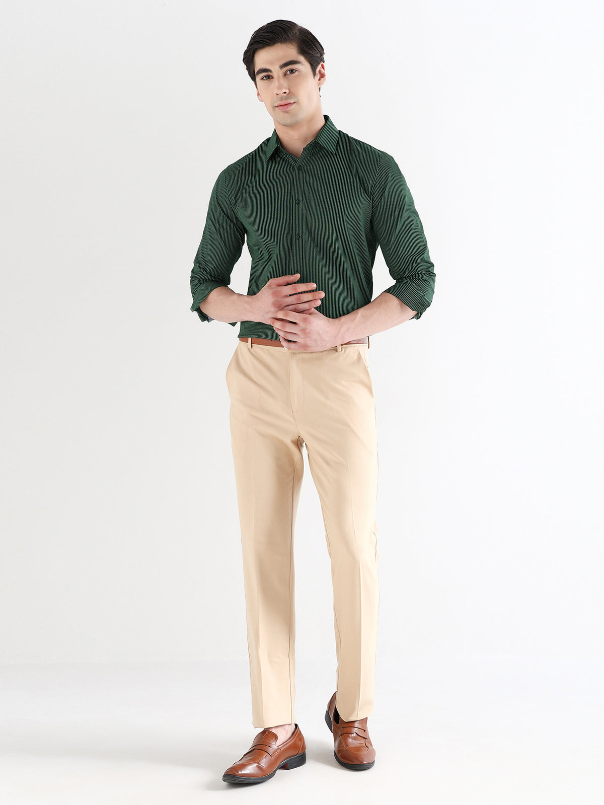 Pin Stripe Formal Shirt In Dark Green-Comfort Fit
