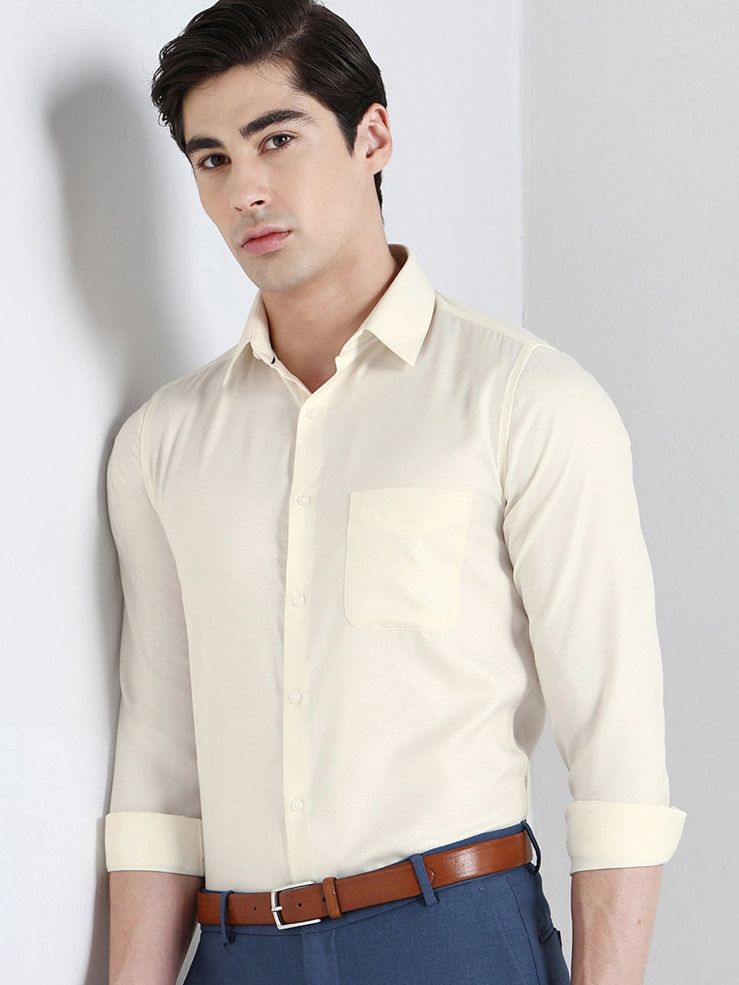 Bird Eye Textured Cotton Rich Formal Shirt in Ivory