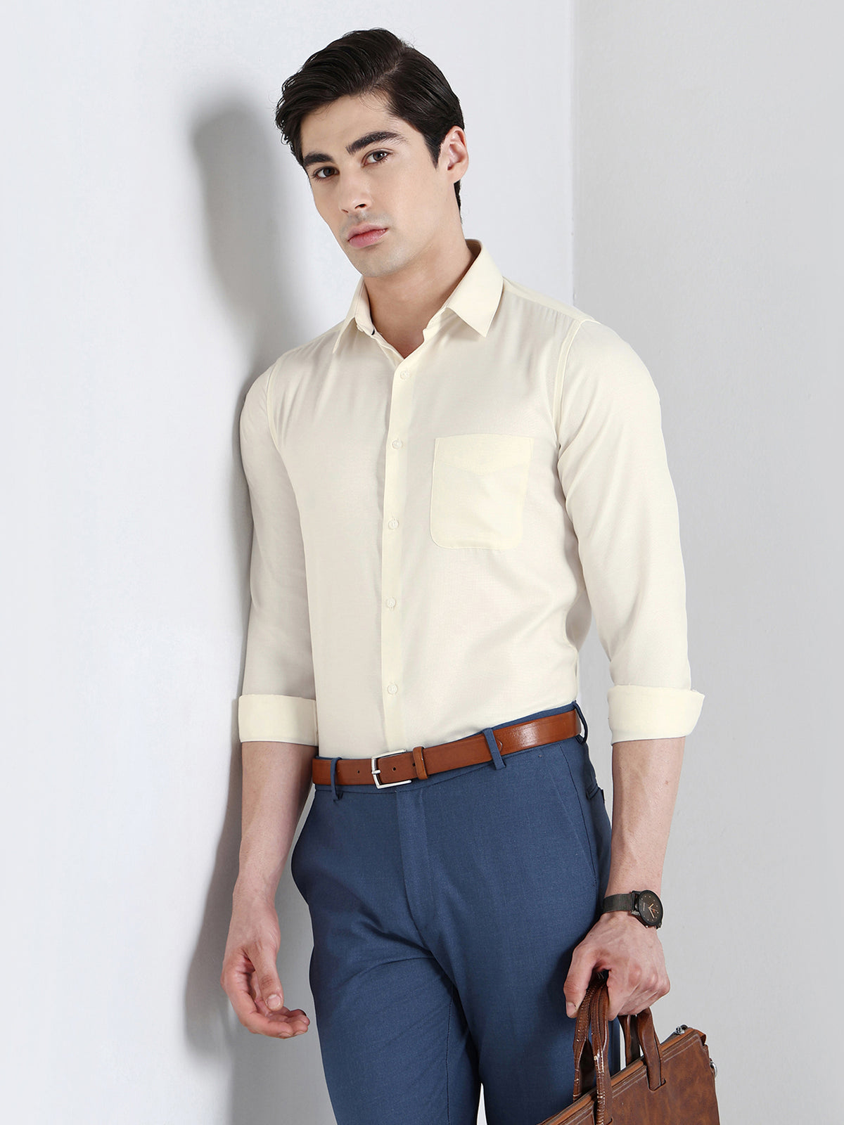 Bird Eye Textured Cotton Rich Formal Shirt in Ivory