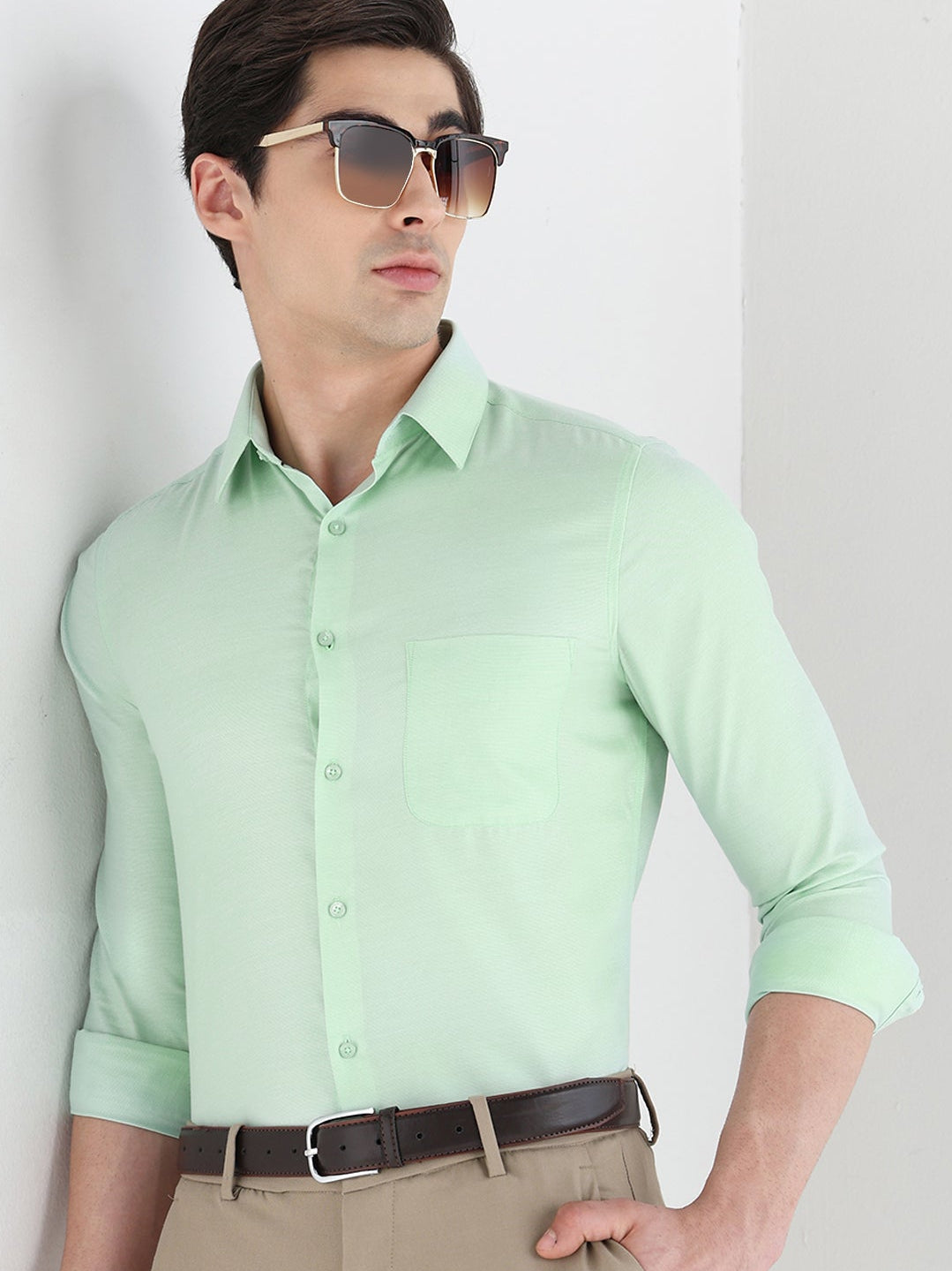 Bird Eye Textured Cotton Rich Formal Shirt in Mint