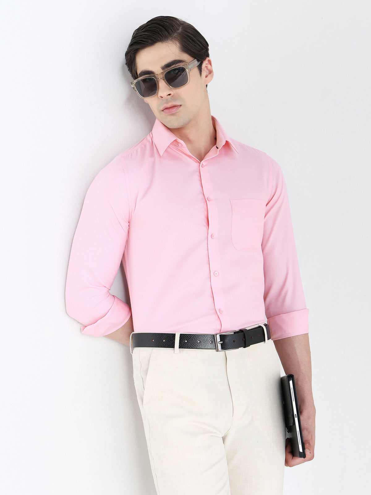 Bird Eye Textured Cotton Rich Formal Shirt in Pink