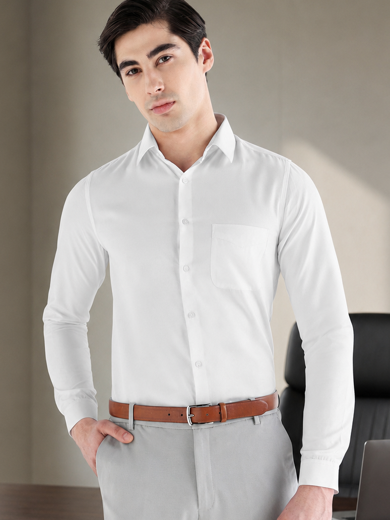 A man wearing a white long-sleeve button-down dress shirt with a chest pocket, paired with light gray trousers and a brown belt, standing in a modern office setting.
