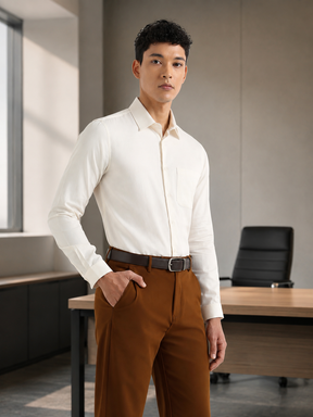 Herringbone Easy-Iron Formal Shirt in Ivory Cream