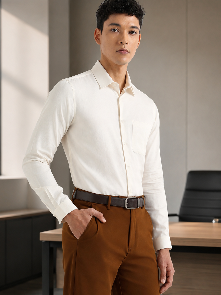 Herringbone Easy-Iron Formal Shirt in Ivory Cream