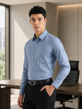 Herringbone Easy-Iron Formal Shirt in Steel Blue