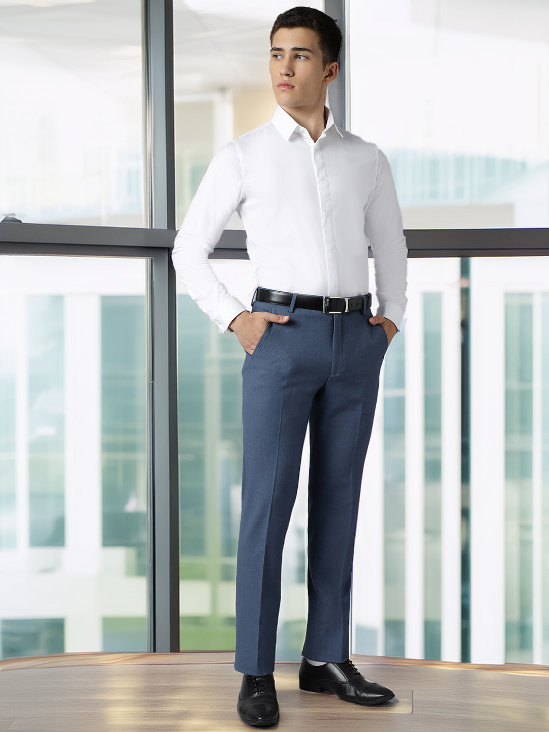 Flex Waist 4-Way Stretch Formal Trousers in Steel Blue - Slim Fit