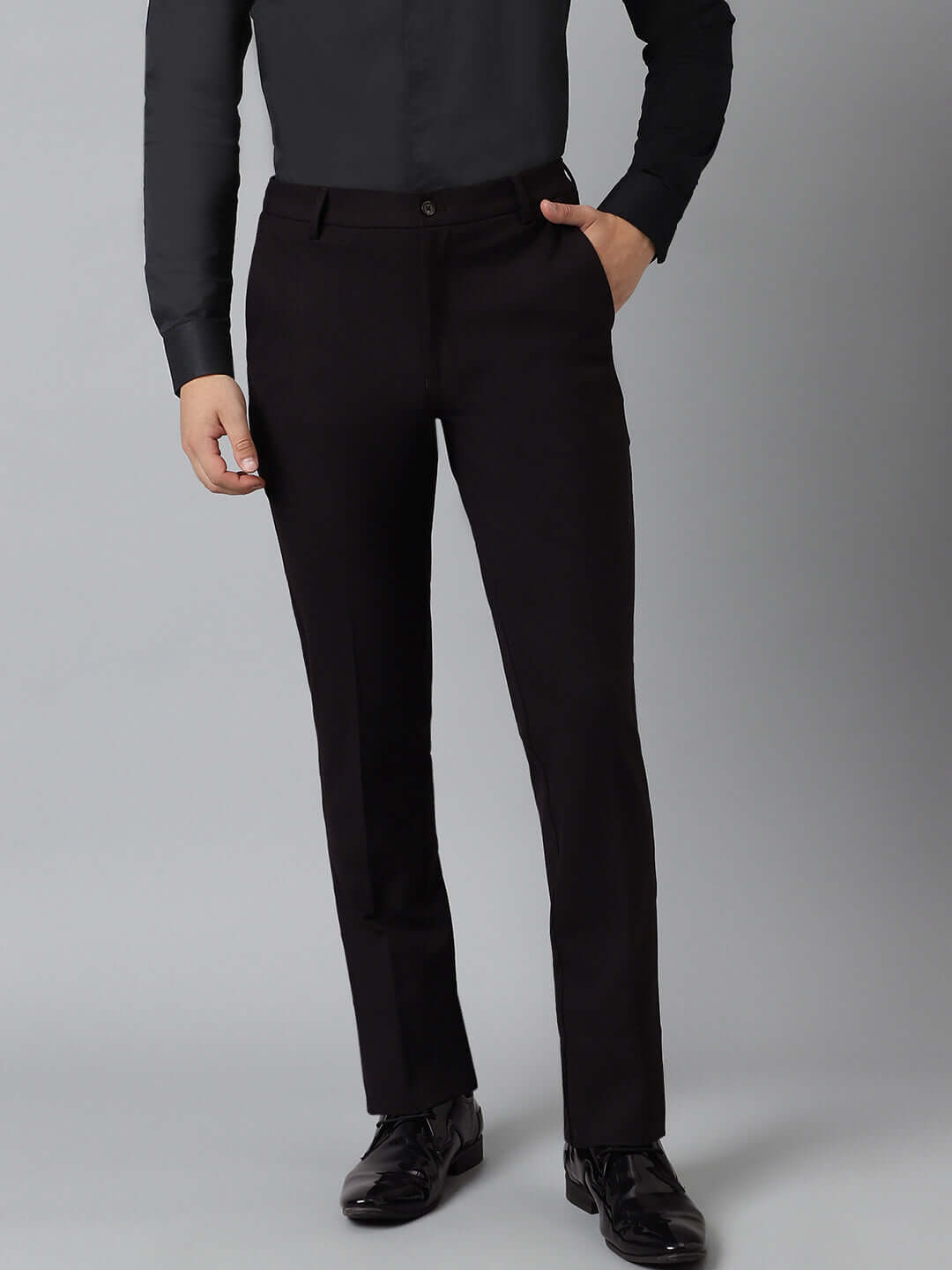 Wine Solid Narrow Fit Trouser With Attached Fabric Belt main image 0