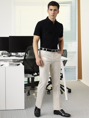 Flex Waist 4-Way Stretch Formal Trousers in Ivory Sand - Slim Fit