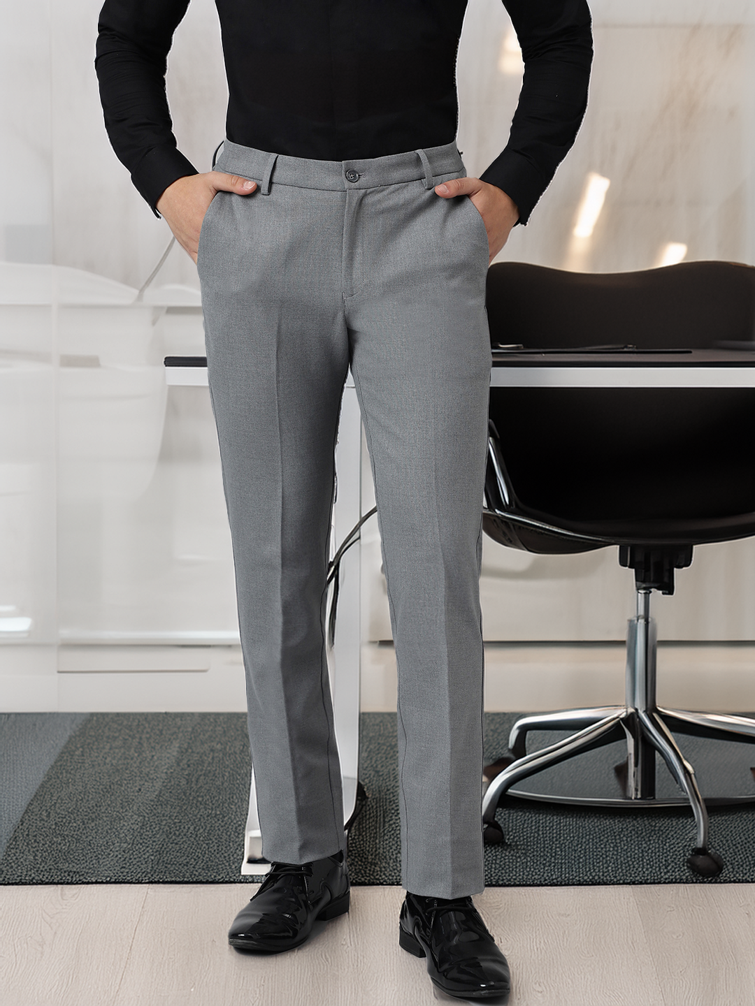 Flex Waist 4-Way Stretch Formal Trousers in Light Grey- Slim Fit
