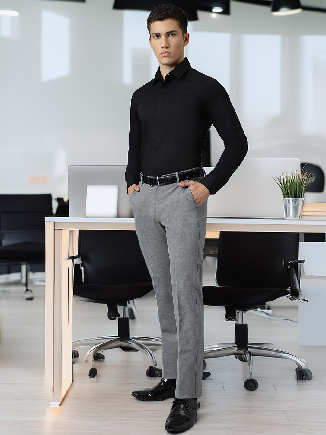Flex Waist 4-Way Stretch Formal Trousers in Light Grey- Slim Fit