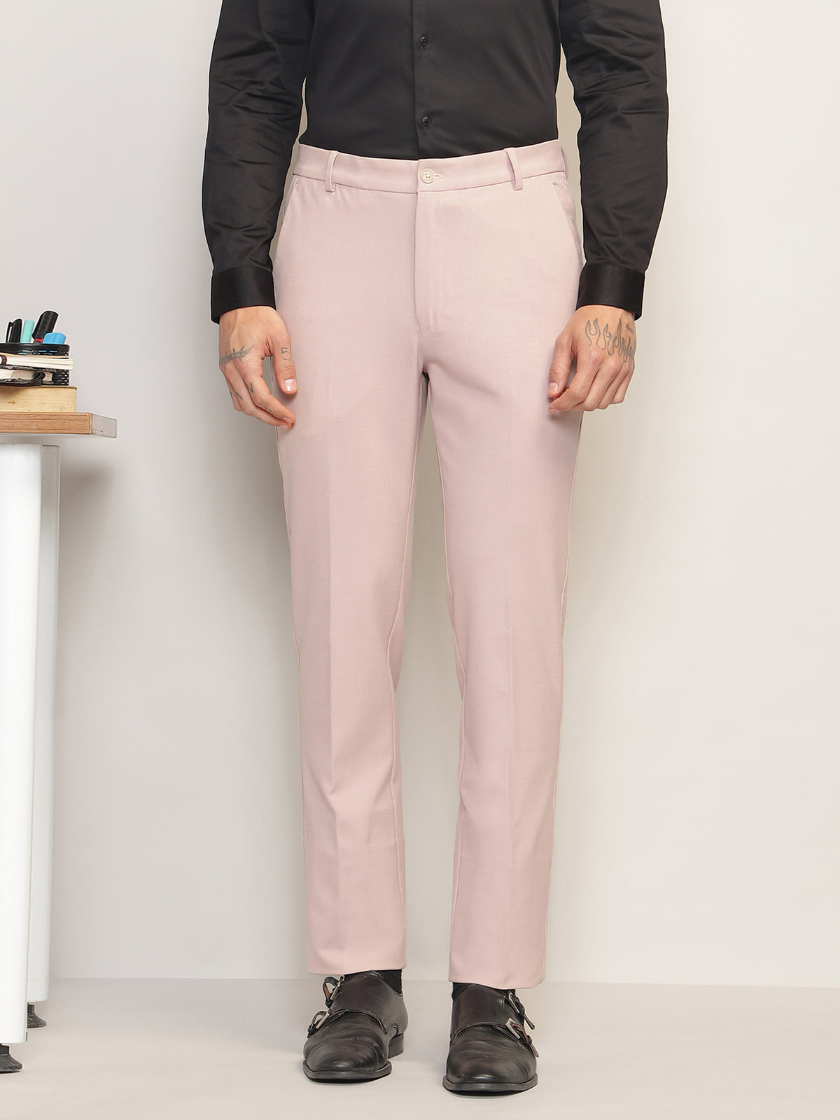 Flex Waist 4-Way Stretch Formal Trousers in Light Peach- Slim Fit