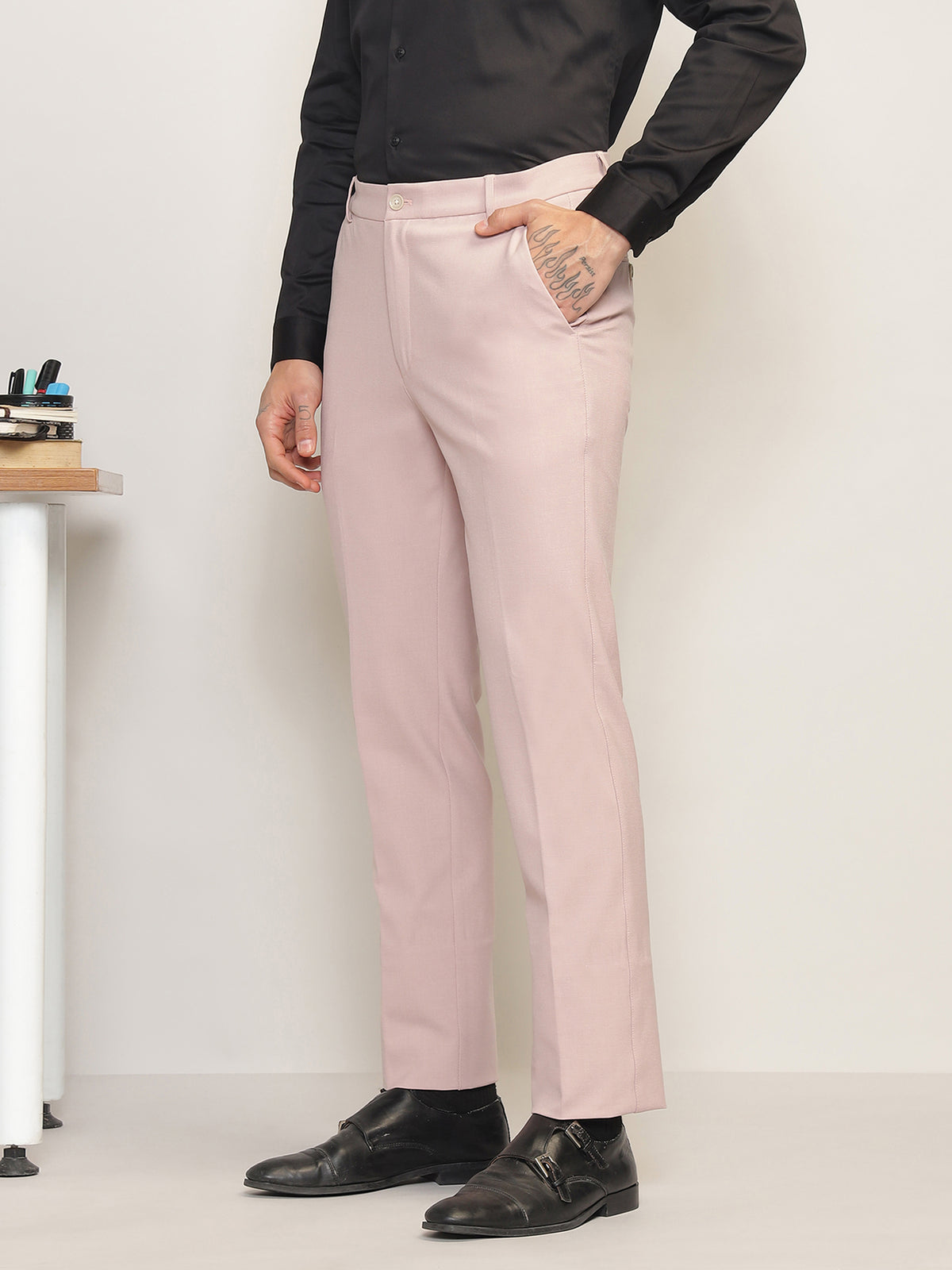 Flex Waist 4-Way Stretch Formal Trousers in Light Peach- Slim Fit