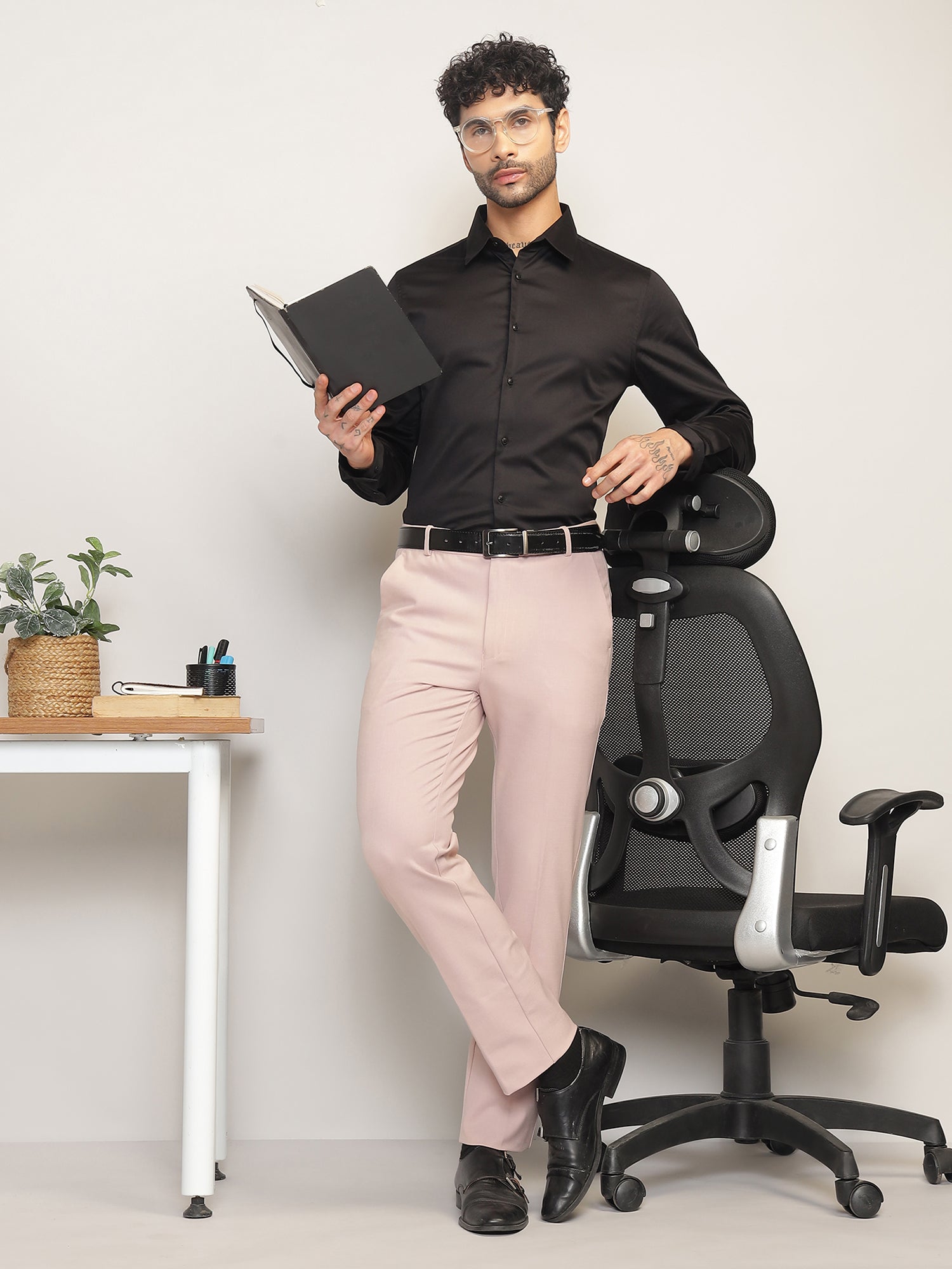 Flex Waist 4-Way Stretch Formal Trousers in Light Peach- Slim Fit