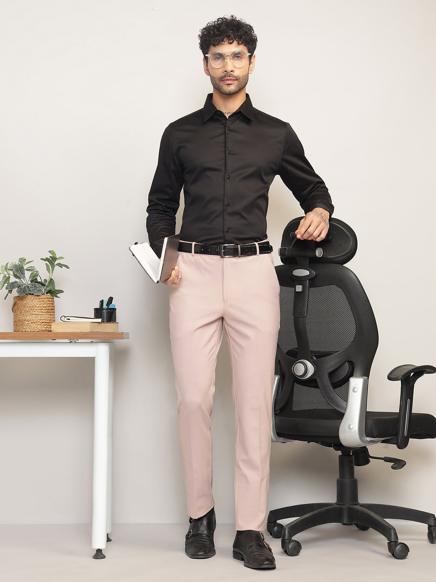 Flex Waist 4-Way Stretch Formal Trousers in Light Peach- Slim Fit