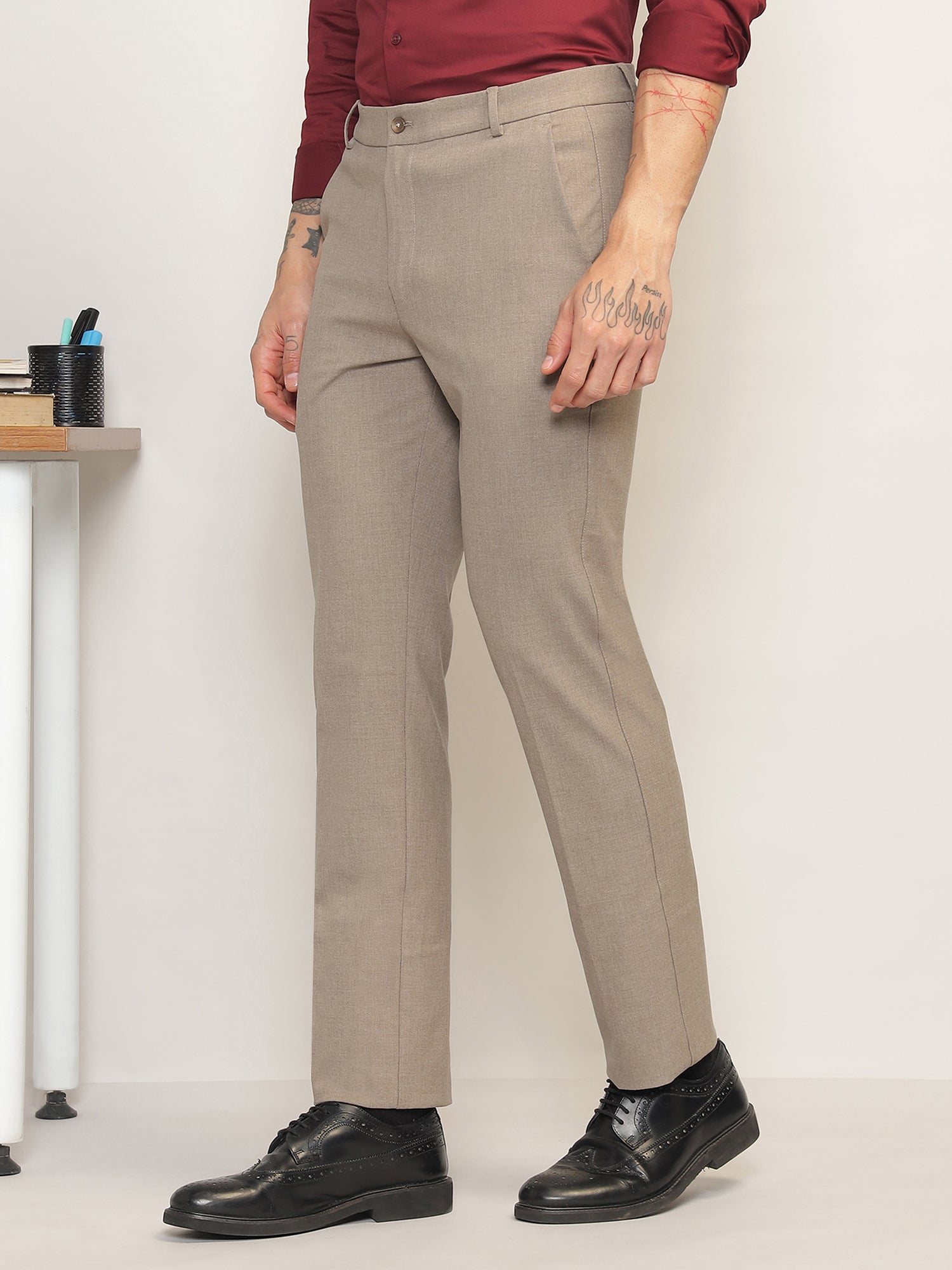 Flex Waist 4-Way Stretch Formal Trousers in Light Taupe- Slim Fit