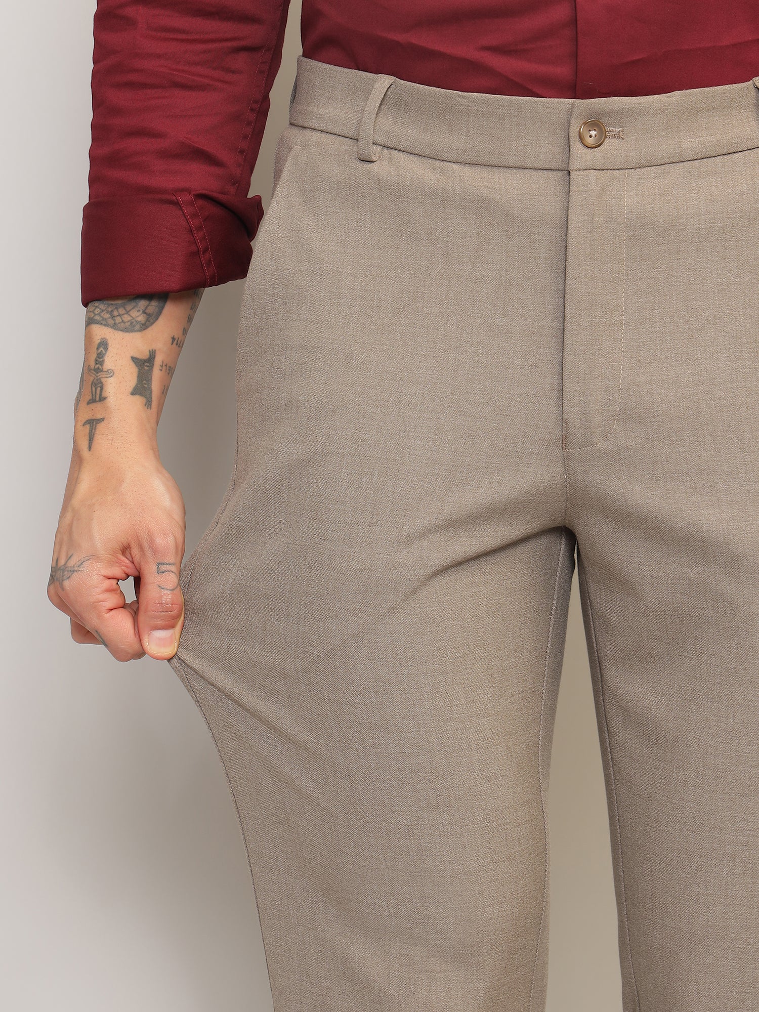Flex Waist 4-Way Stretch Formal Trousers in Light Taupe- Slim Fit