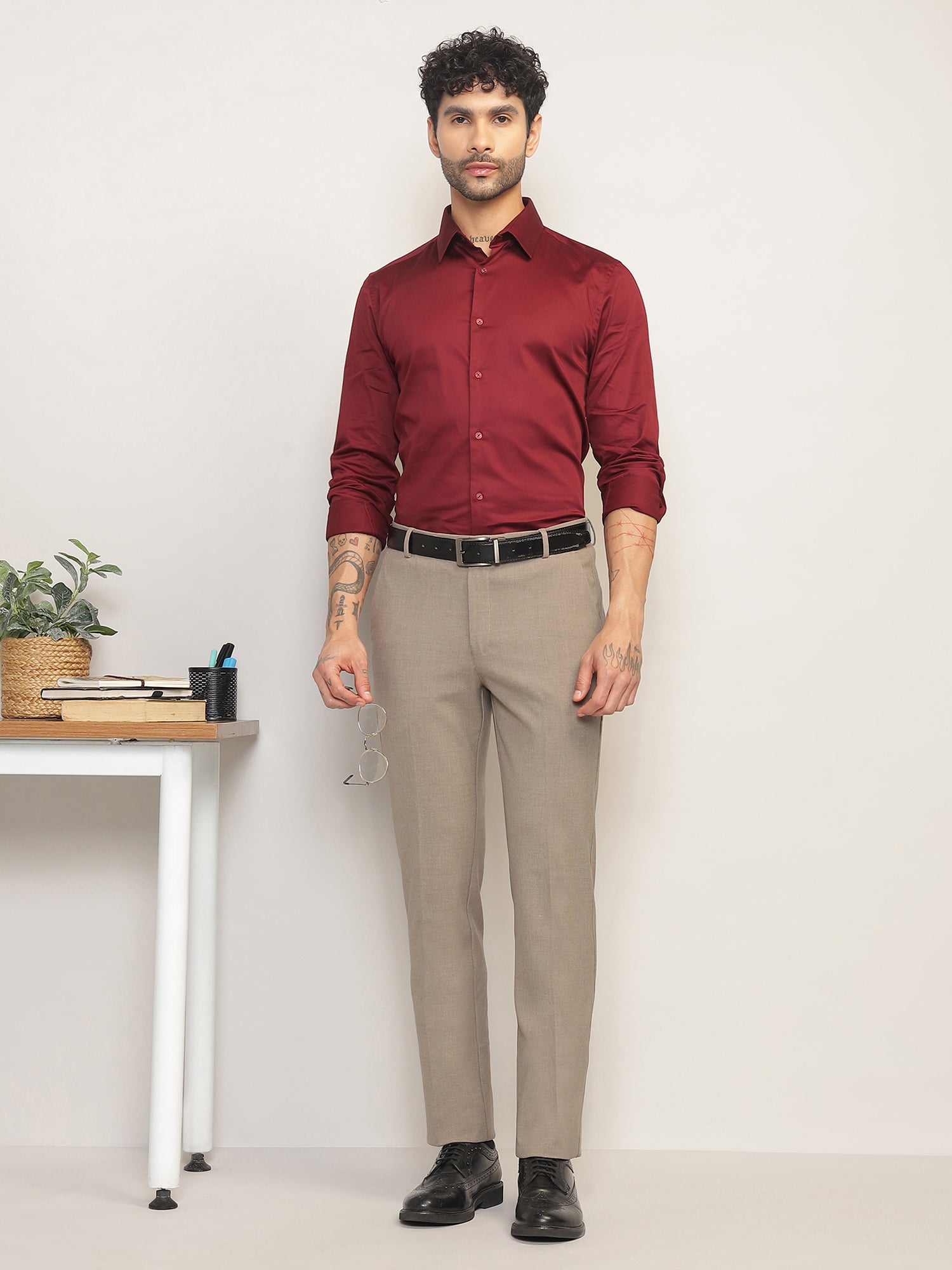 Flex Waist 4-Way Stretch Formal Trousers in Light Taupe- Slim Fit