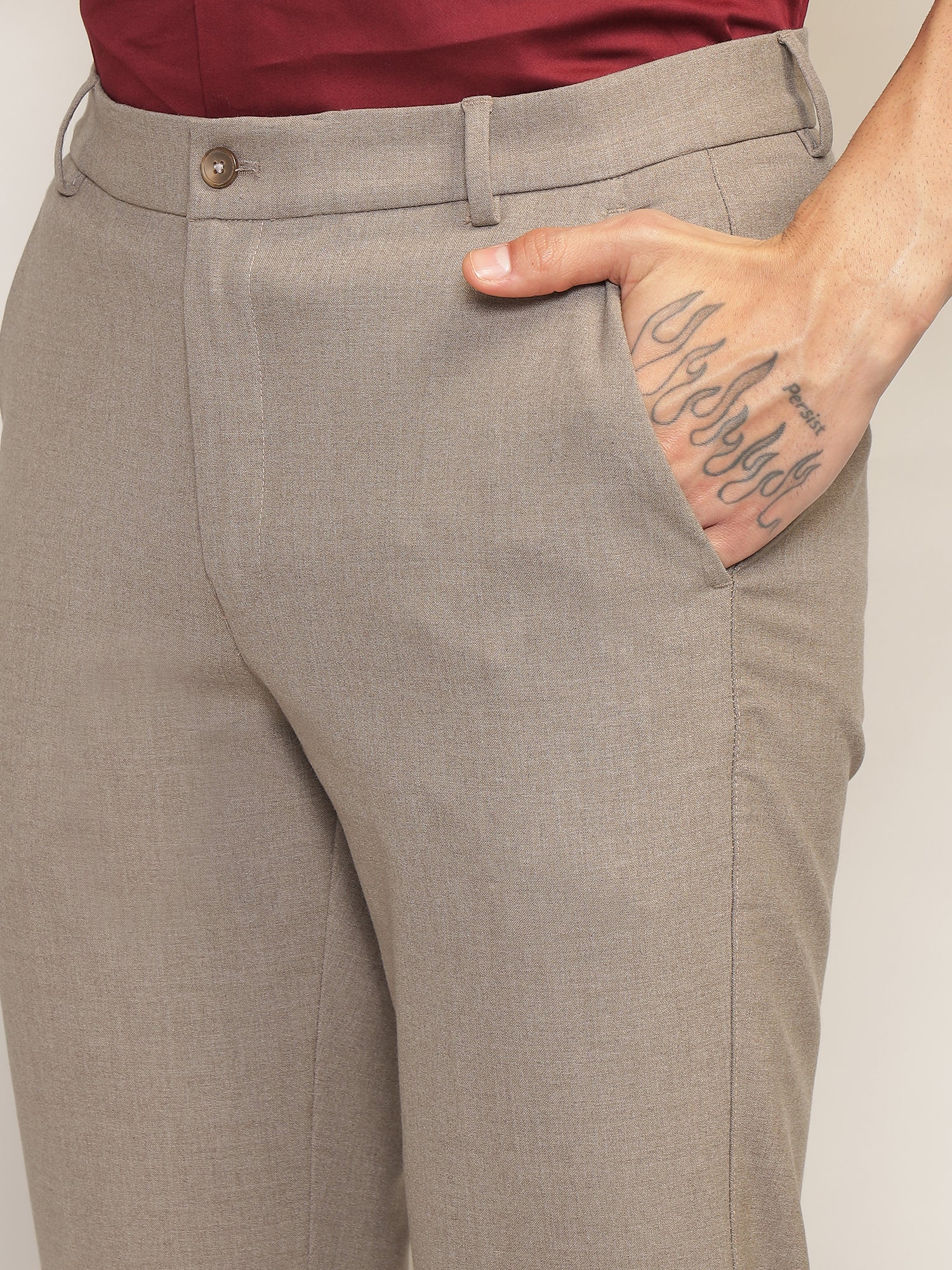 Flex Waist 4-Way Stretch Formal Trousers in Light Taupe- Slim Fit
