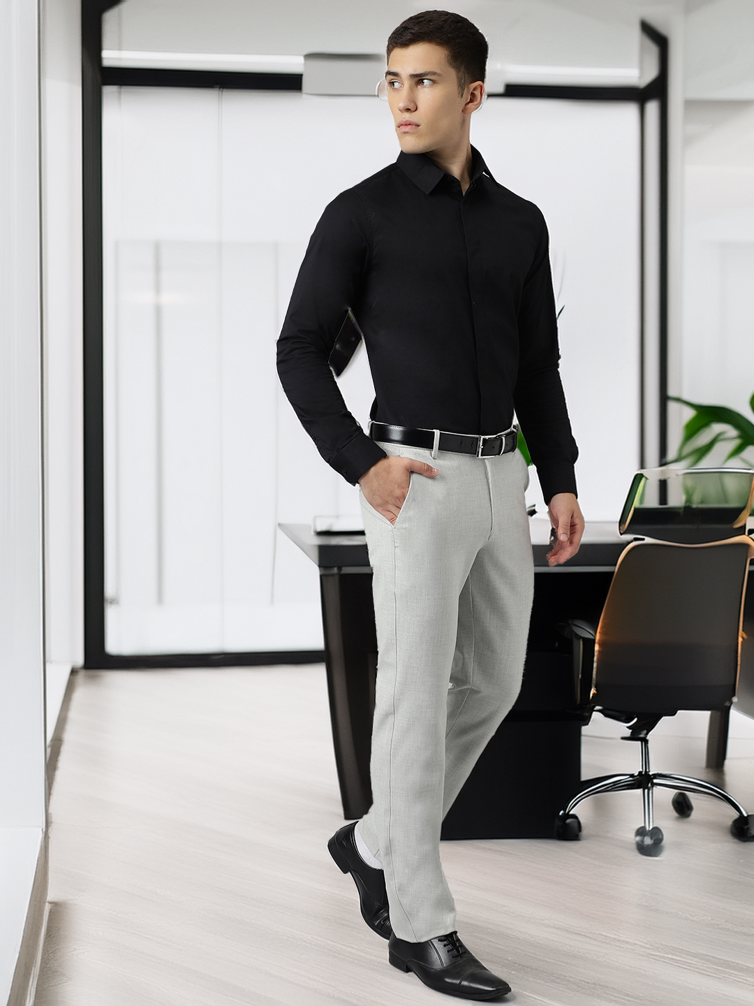 Flex Waist 4-Way Stretch Formal Trousers in Lunar Grey - Slim Fit