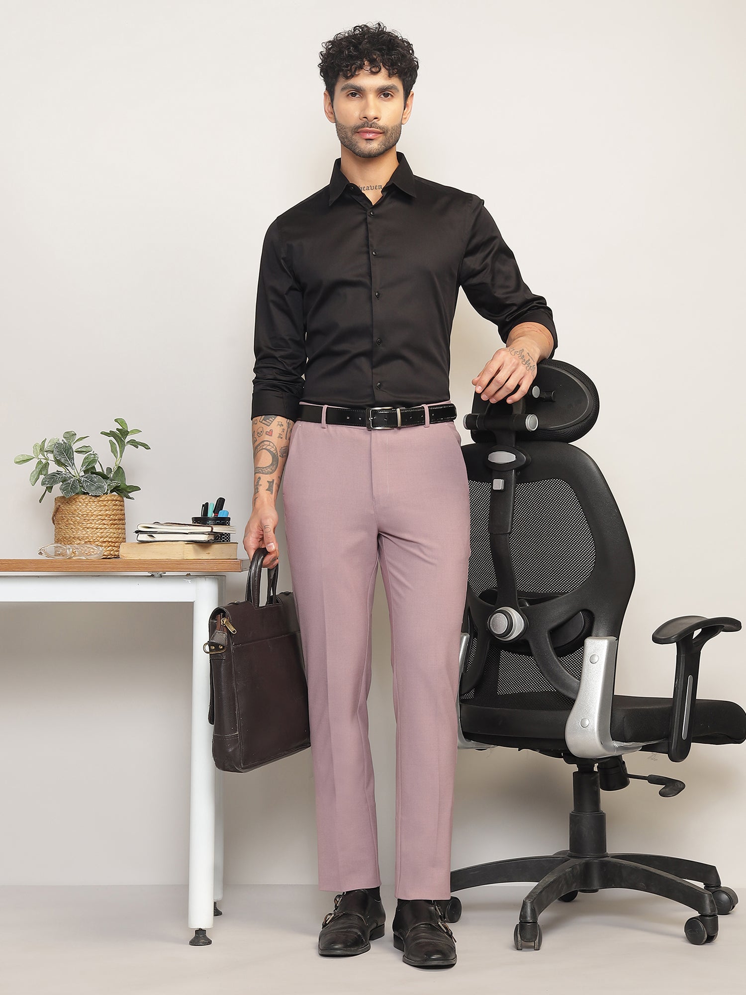Flex Waist 4-Way Stretch Formal Trousers in Mauve- Slim Fit