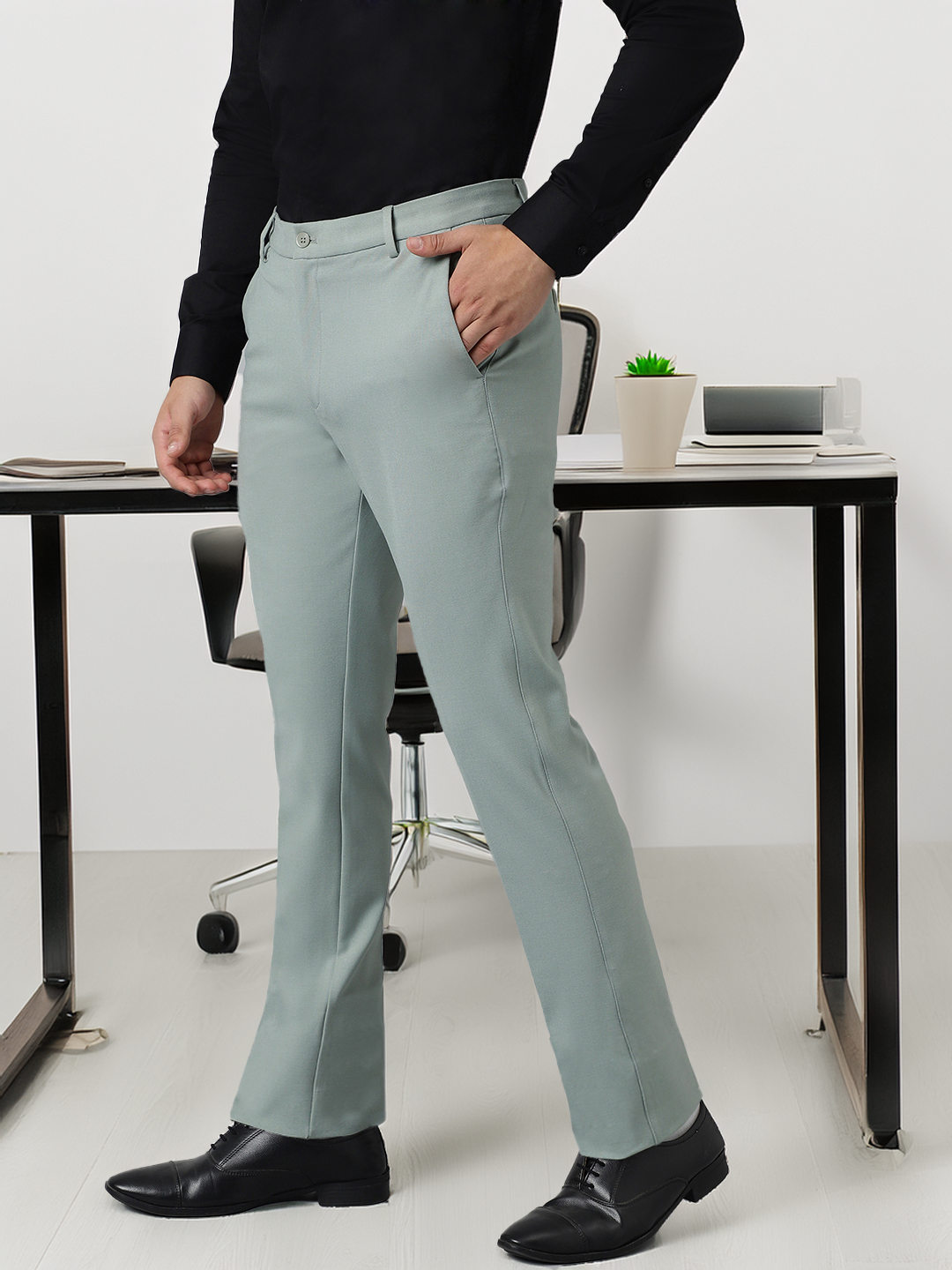 Flex Waist 4-Way Stretch Formal Trousers in Mint Green- Slim Fit