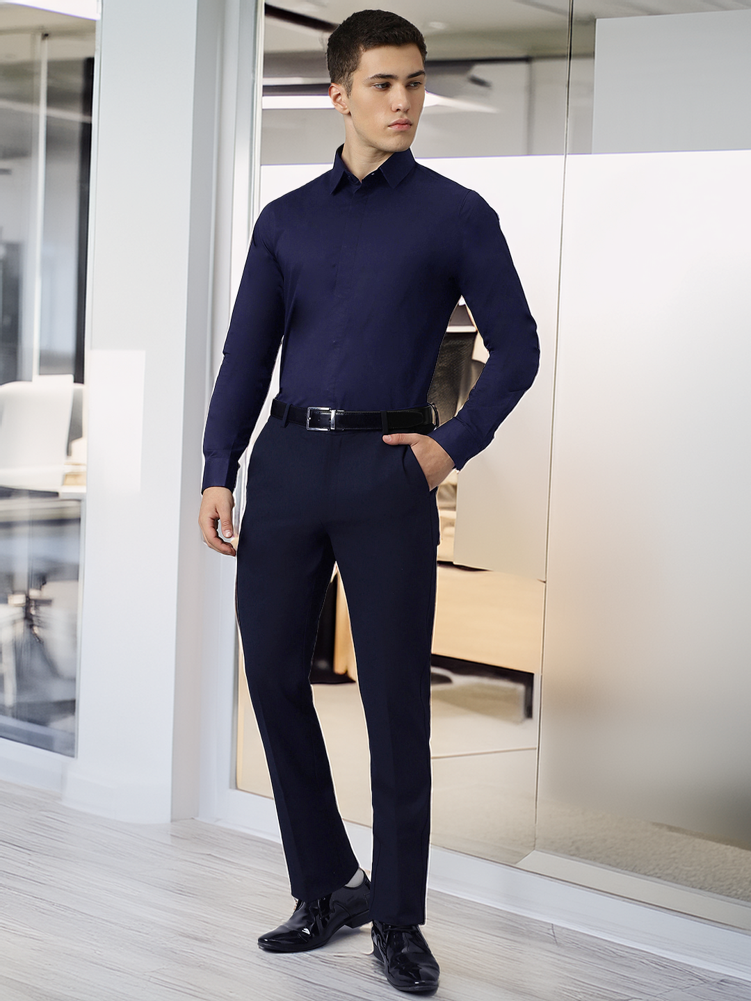 Flex Waist 4-Way Stretch Formal Trousers in Navy Blue- Slim Fit