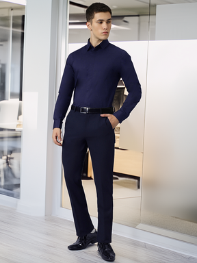 Flex Waist 4-Way Stretch Formal Trousers in Navy Blue- Slim Fit
