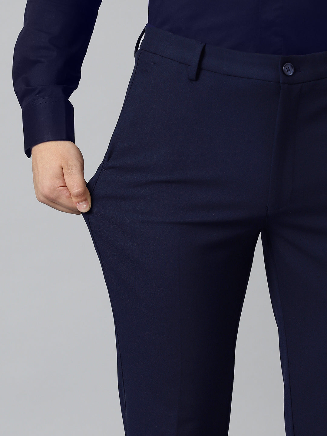 Flex Waist 4-Way Stretch Formal Trousers in Navy Blue- Slim Fit