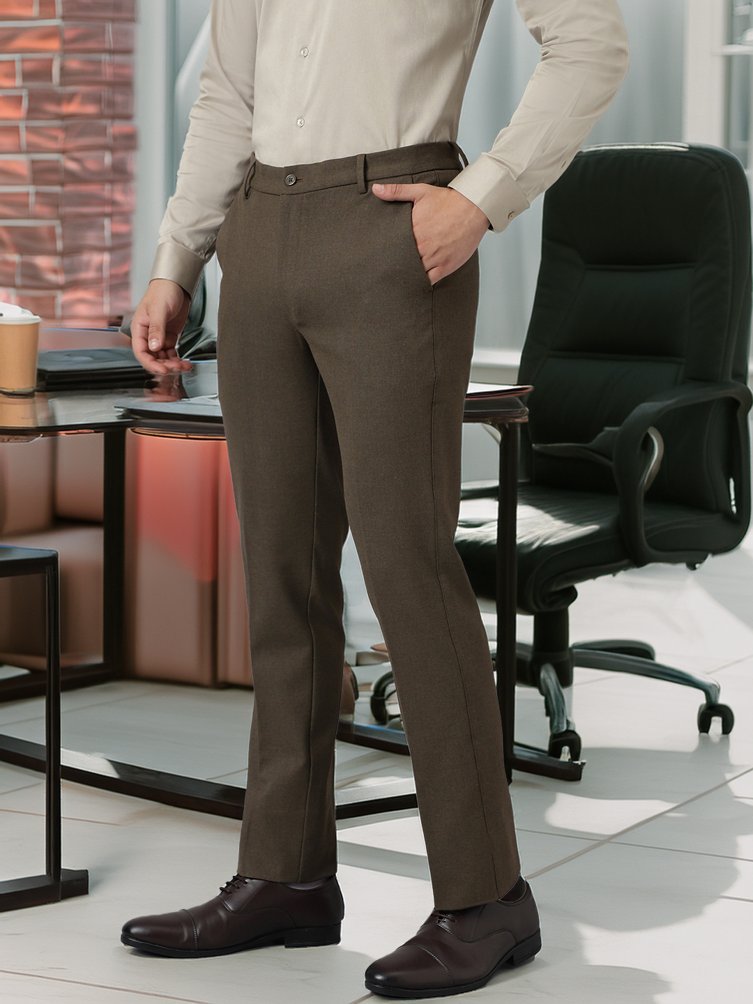 Flex Waist 4-Way Stretch Formal Trousers in Oak Brown - Slim Fit